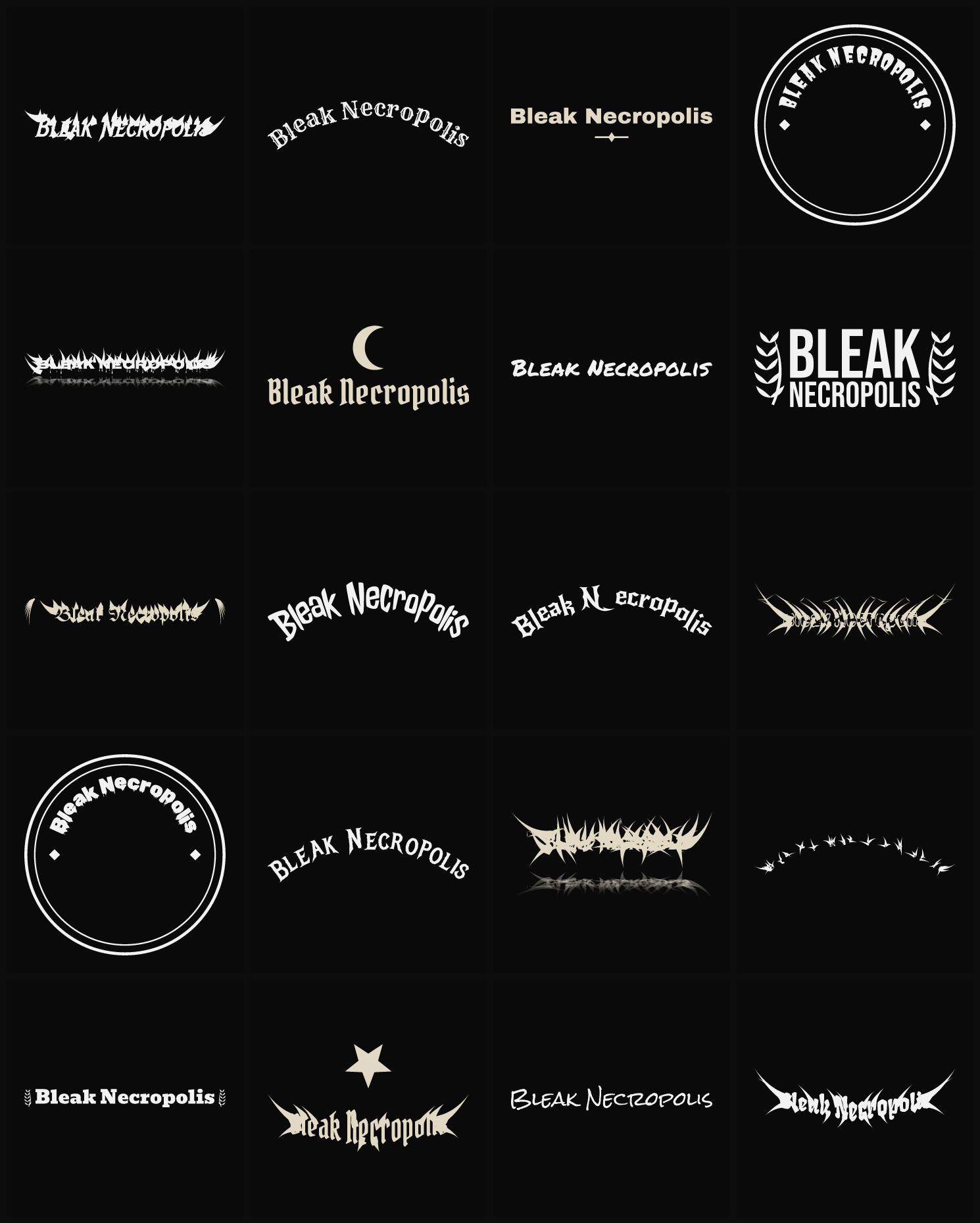 Twenty Bleak Necropolis band logo ideas — different faces, treatments and spike settings