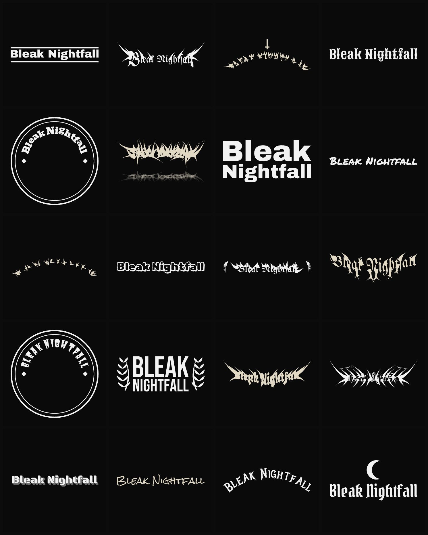 Twenty Bleak Nightfall band logo ideas — different faces, treatments and spike settings