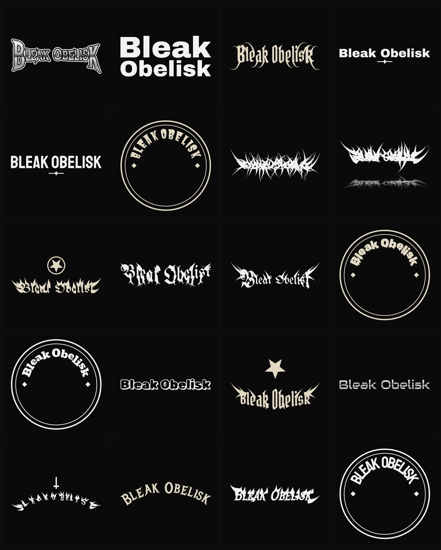 Twenty Bleak Obelisk band logo ideas — different faces, treatments and spike settings