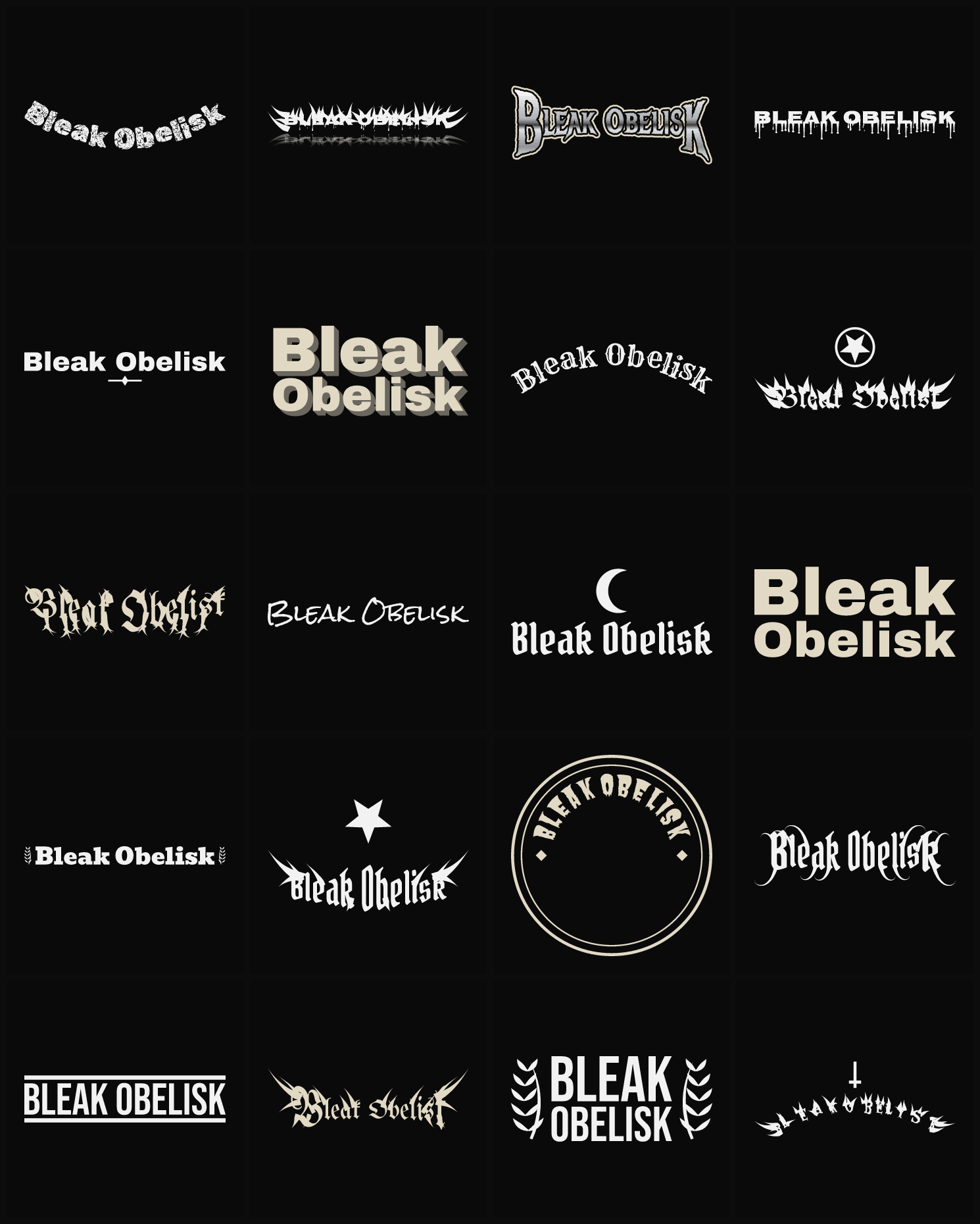 Twenty Bleak Obelisk band logo ideas — different faces, treatments and spike settings