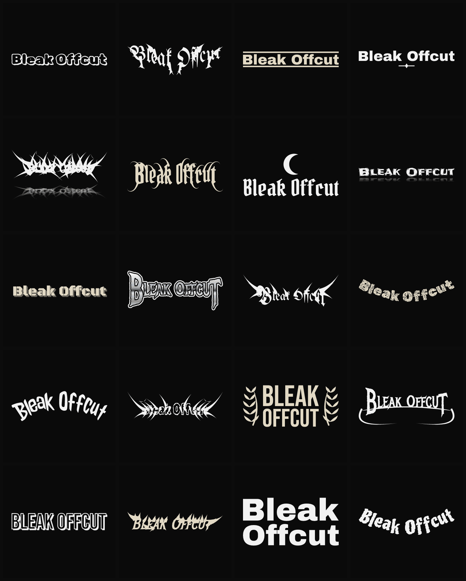 Twenty Bleak Offcut band logo ideas — different faces, treatments and spike settings