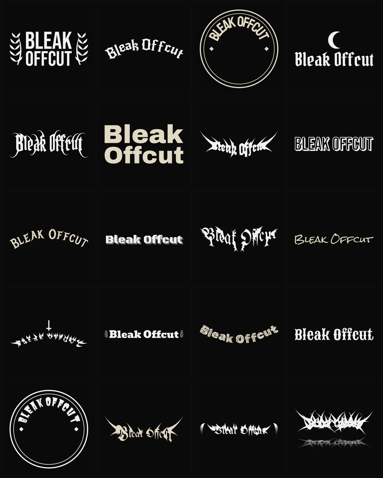 Twenty Bleak Offcut band logo ideas — different faces, treatments and spike settings