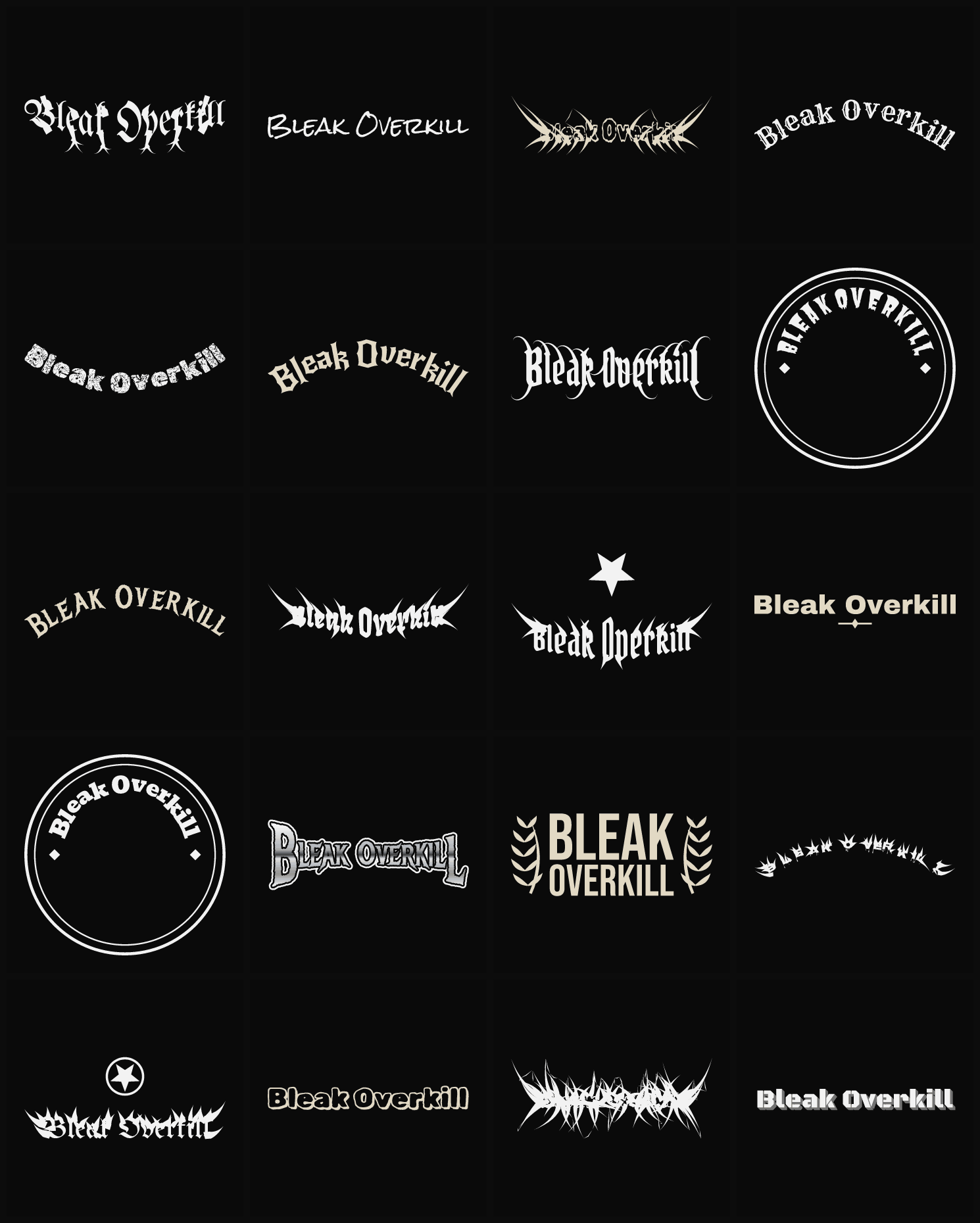Twenty Bleak Overkill band logo ideas — different faces, treatments and spike settings