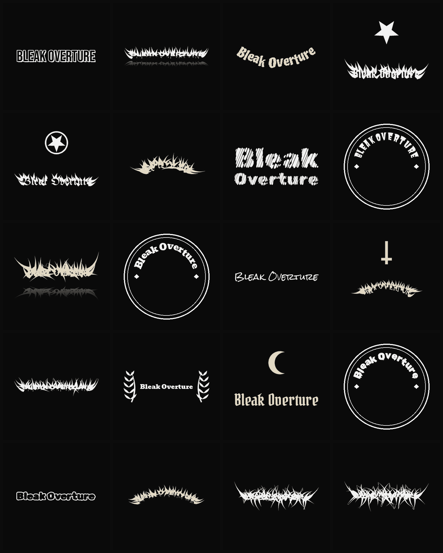 Twenty Bleak Overture band logo ideas — different faces, treatments and spike settings