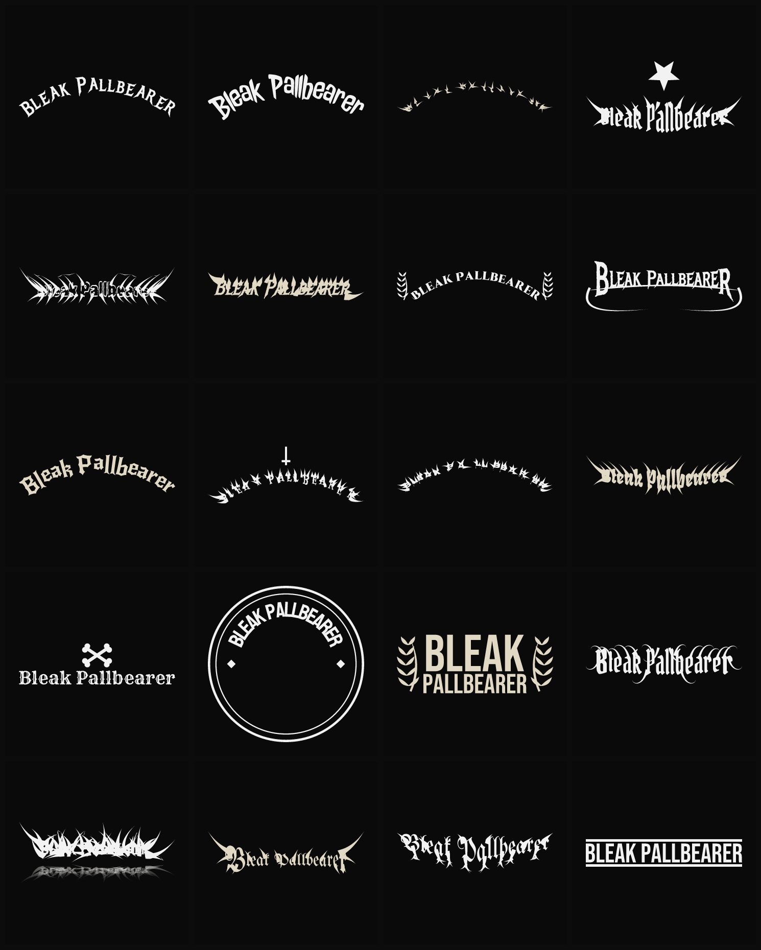 Twenty Bleak Pallbearer band logo ideas — different faces, treatments and spike settings