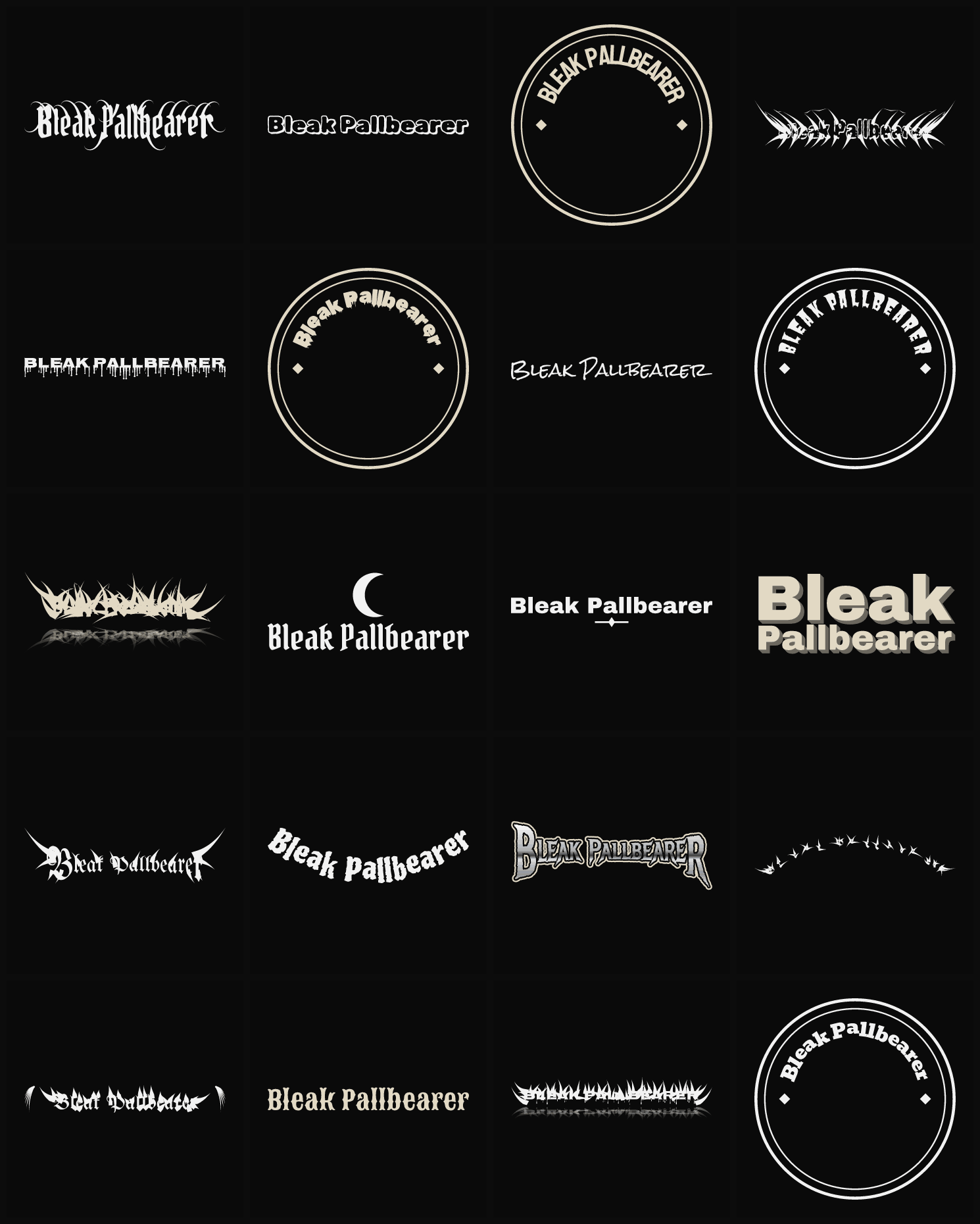Twenty Bleak Pallbearer band logo ideas — different faces, treatments and spike settings