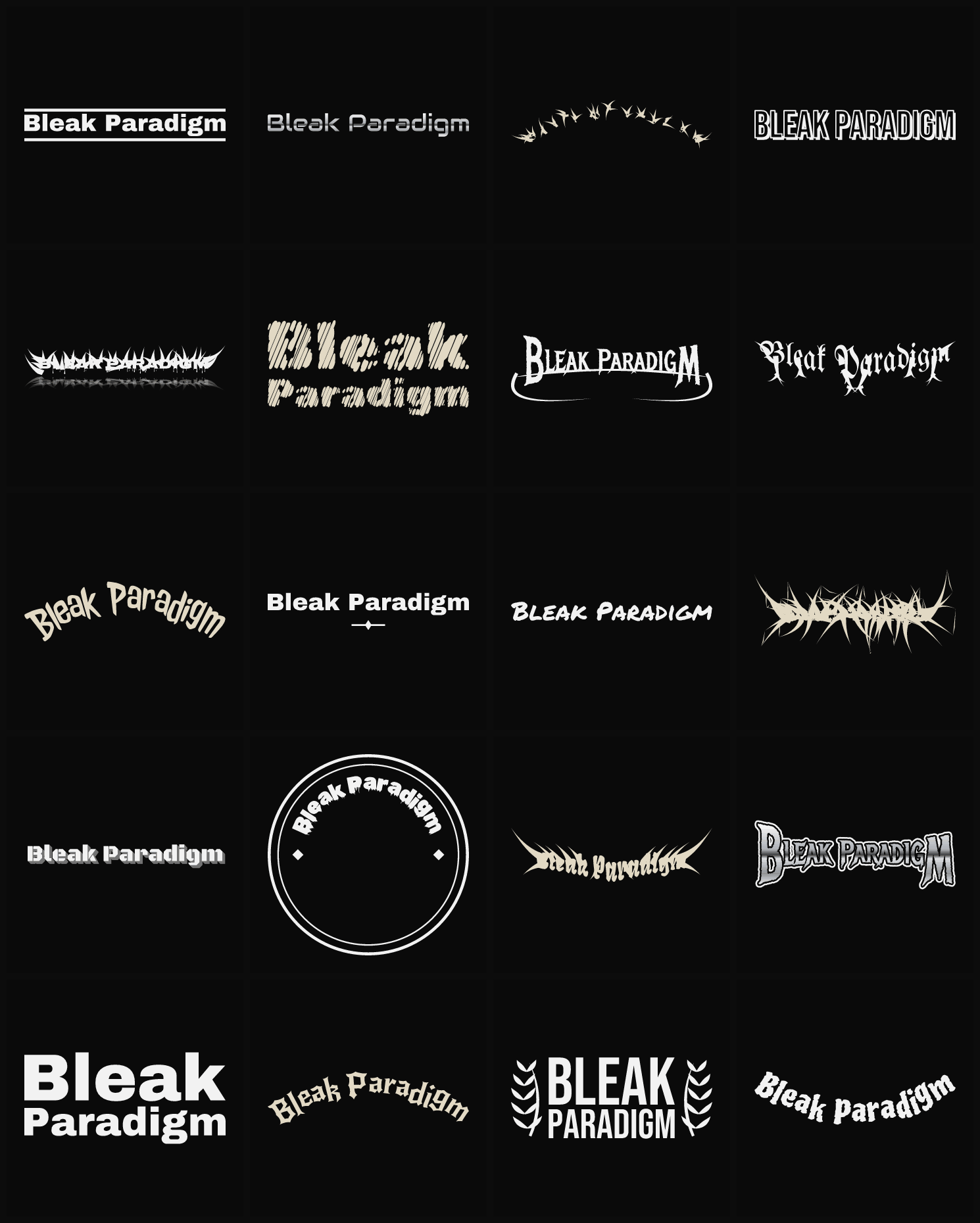 Twenty Bleak Paradigm band logo ideas — different faces, treatments and spike settings
