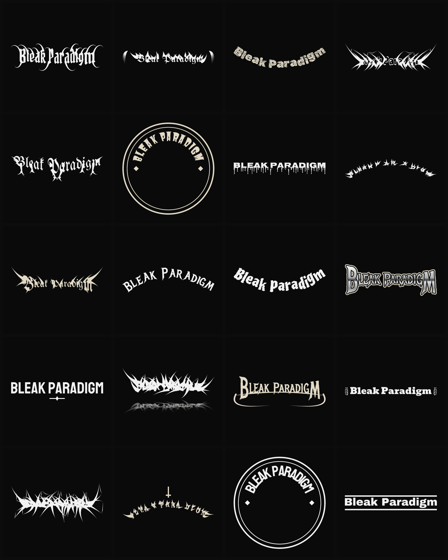 Twenty Bleak Paradigm band logo ideas — different faces, treatments and spike settings