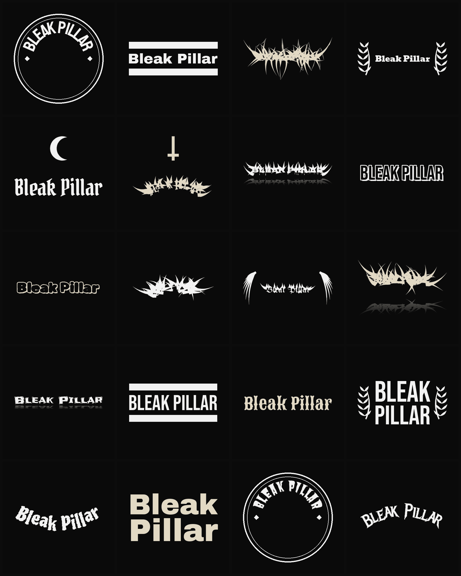 Twenty Bleak Pillar band logo ideas — different faces, treatments and spike settings