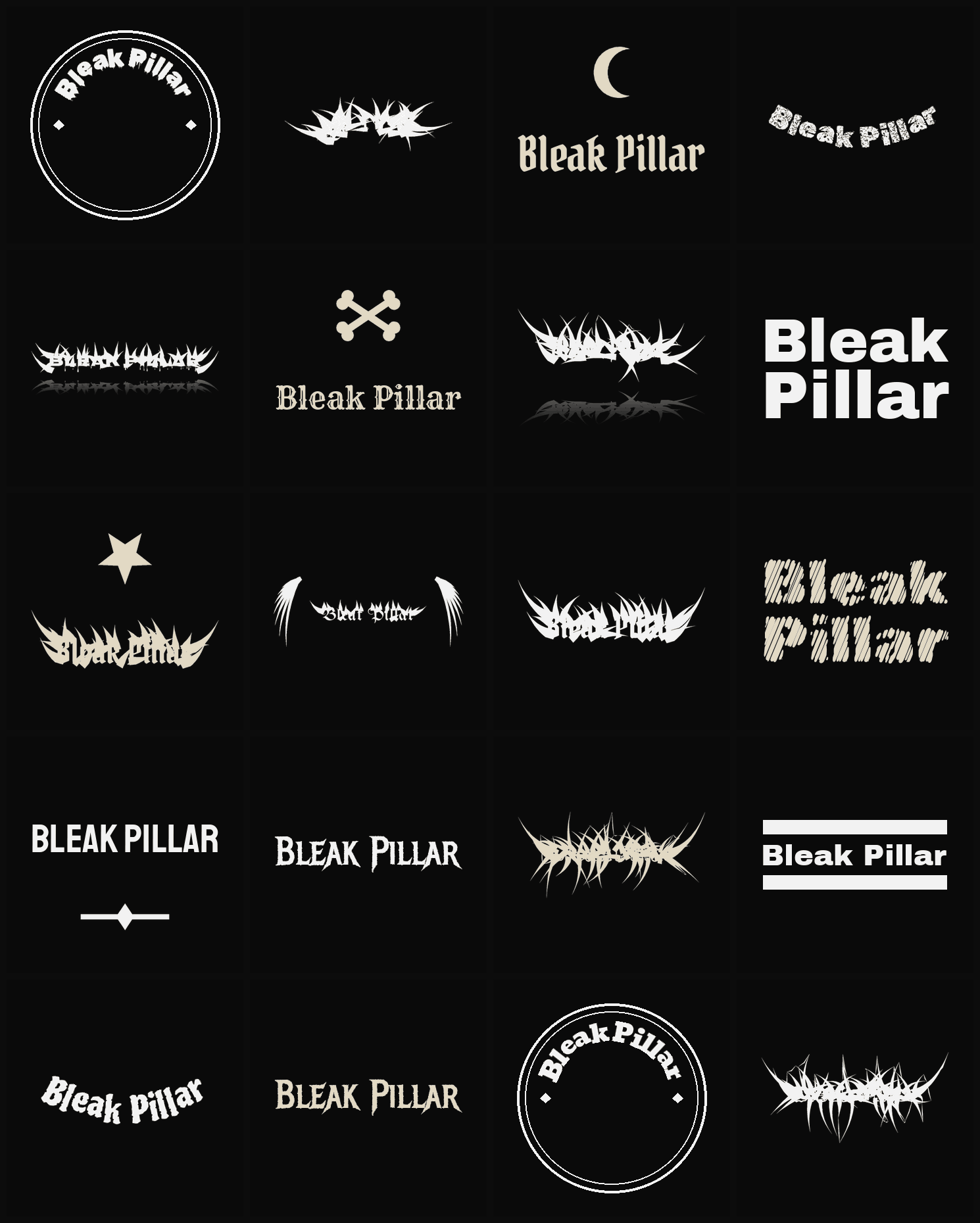 Twenty Bleak Pillar band logo ideas — different faces, treatments and spike settings