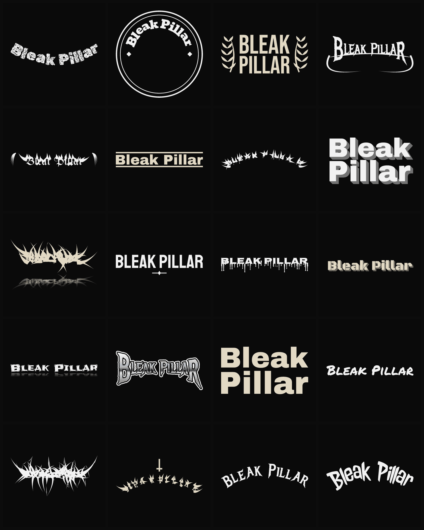 Twenty Bleak Pillar band logo ideas — different faces, treatments and spike settings