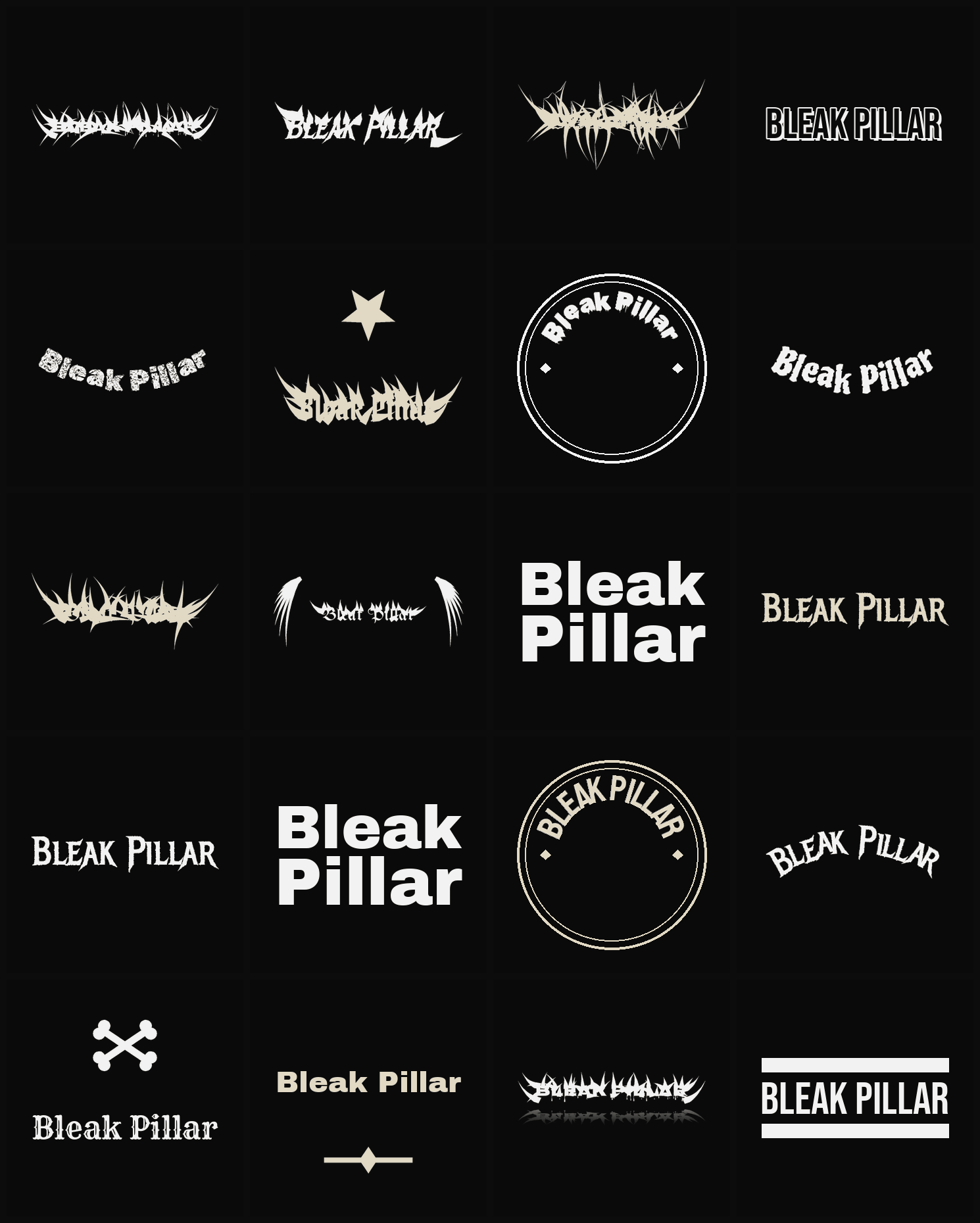 Twenty Bleak Pillar band logo ideas — different faces, treatments and spike settings