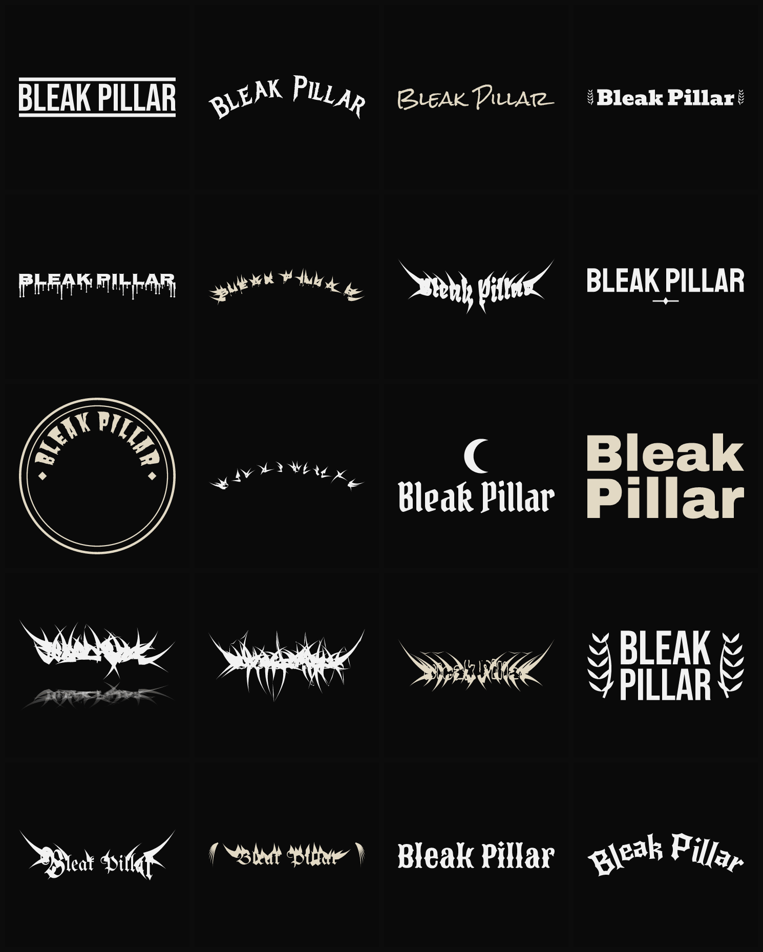 Twenty Bleak Pillar band logo ideas — different faces, treatments and spike settings