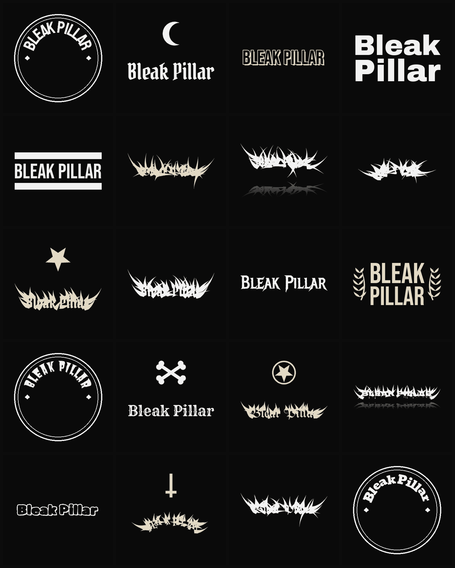 Twenty Bleak Pillar band logo ideas — different faces, treatments and spike settings
