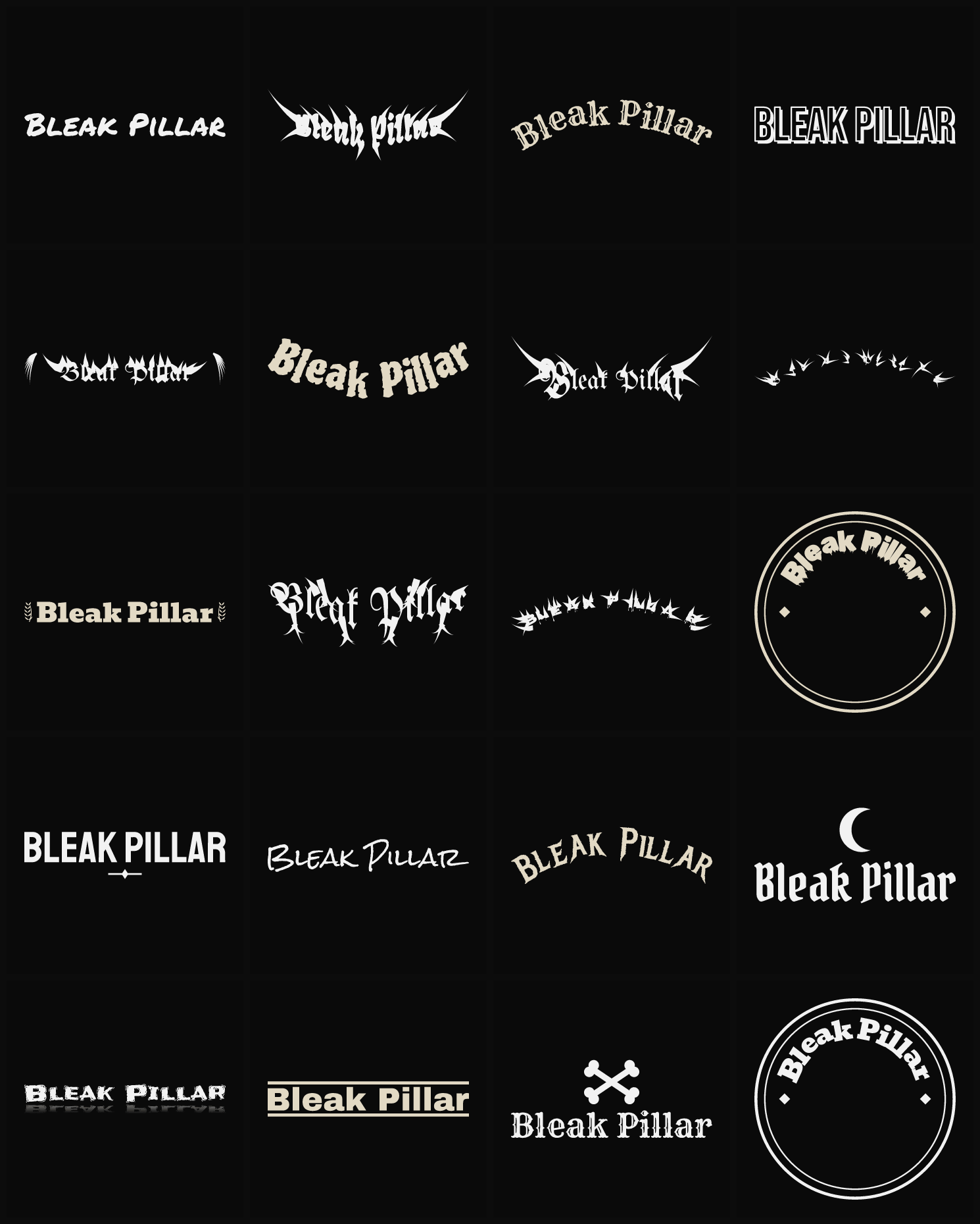 Twenty Bleak Pillar band logo ideas — different faces, treatments and spike settings