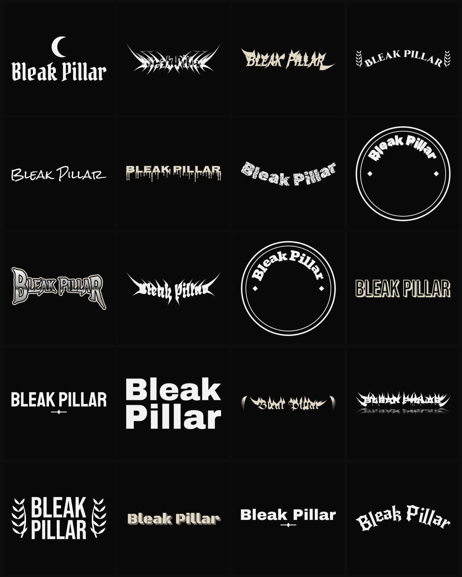 Twenty Bleak Pillar band logo ideas — different faces, treatments and spike settings