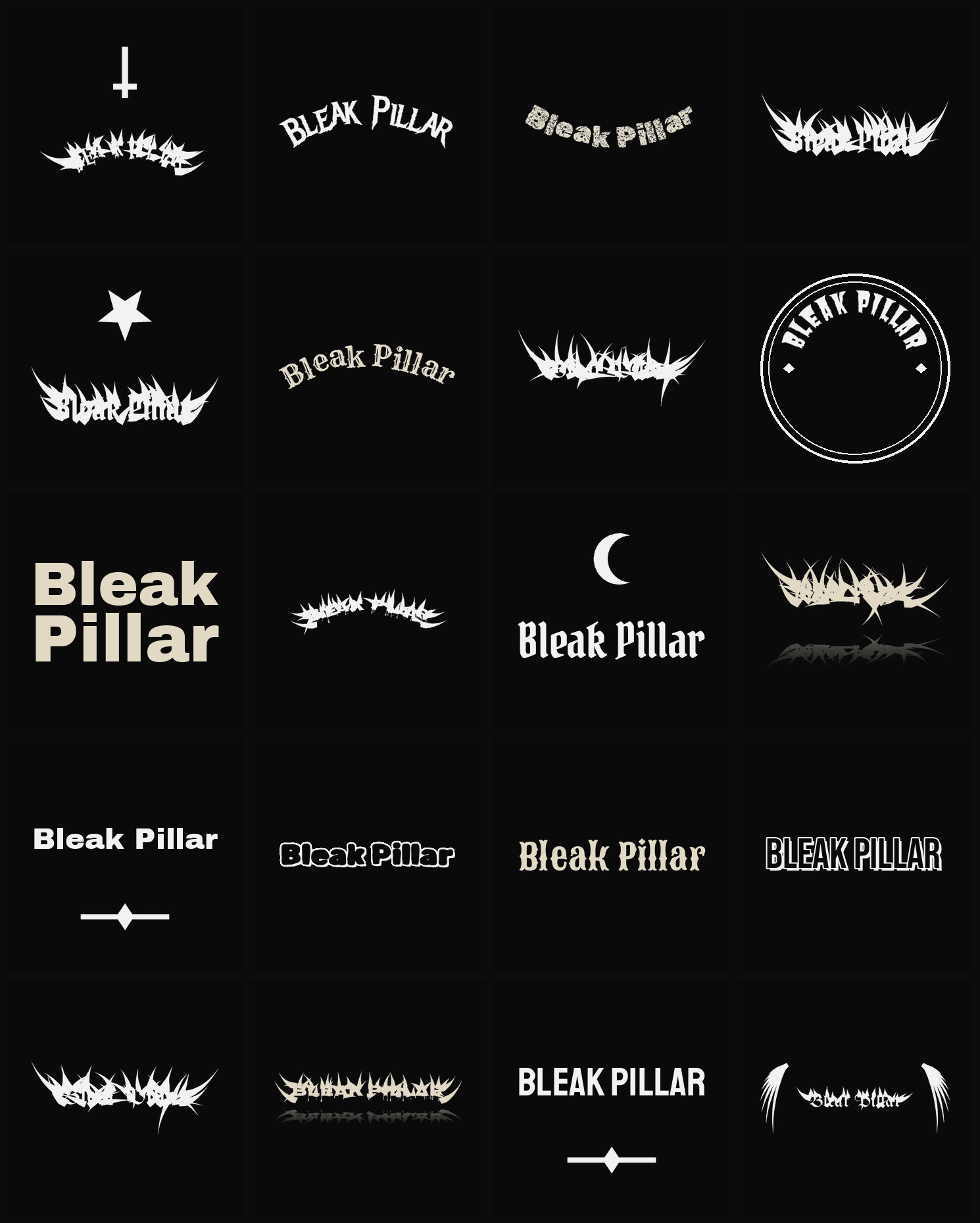 Twenty Bleak Pillar band logo ideas — different faces, treatments and spike settings