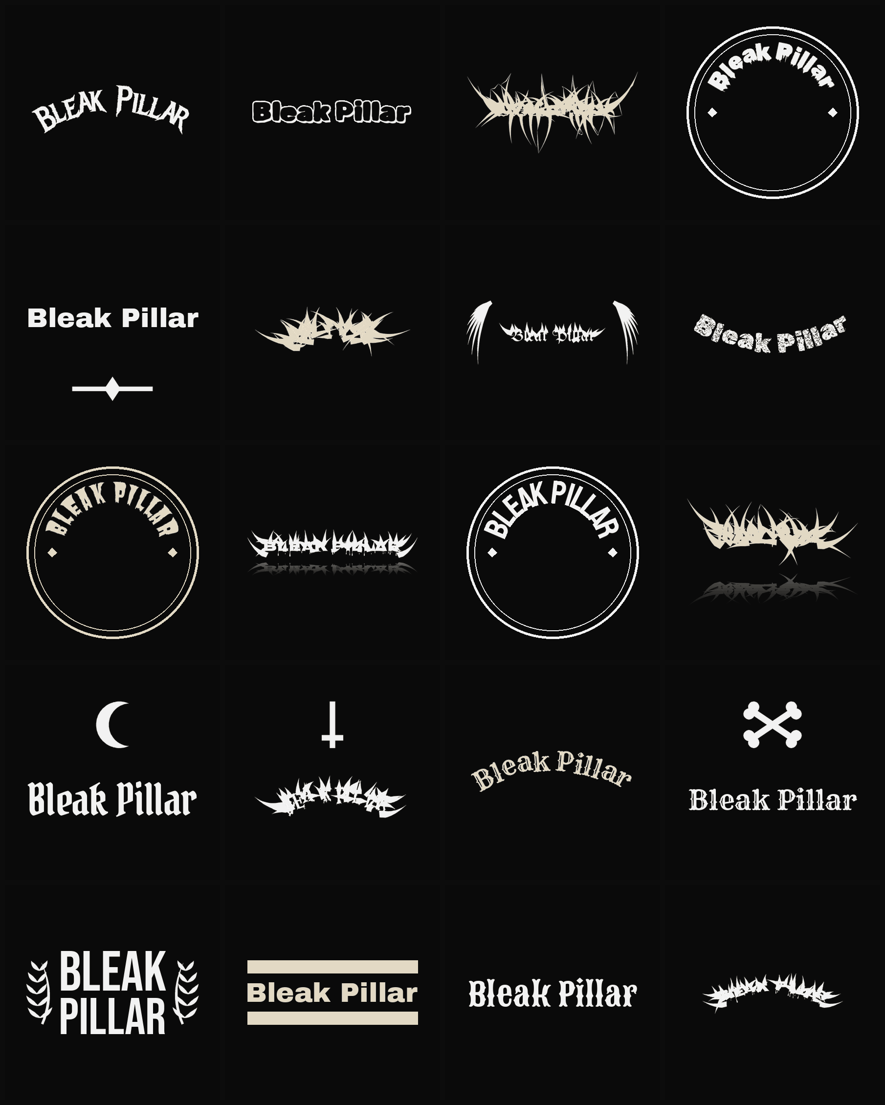 Twenty Bleak Pillar band logo ideas — different faces, treatments and spike settings