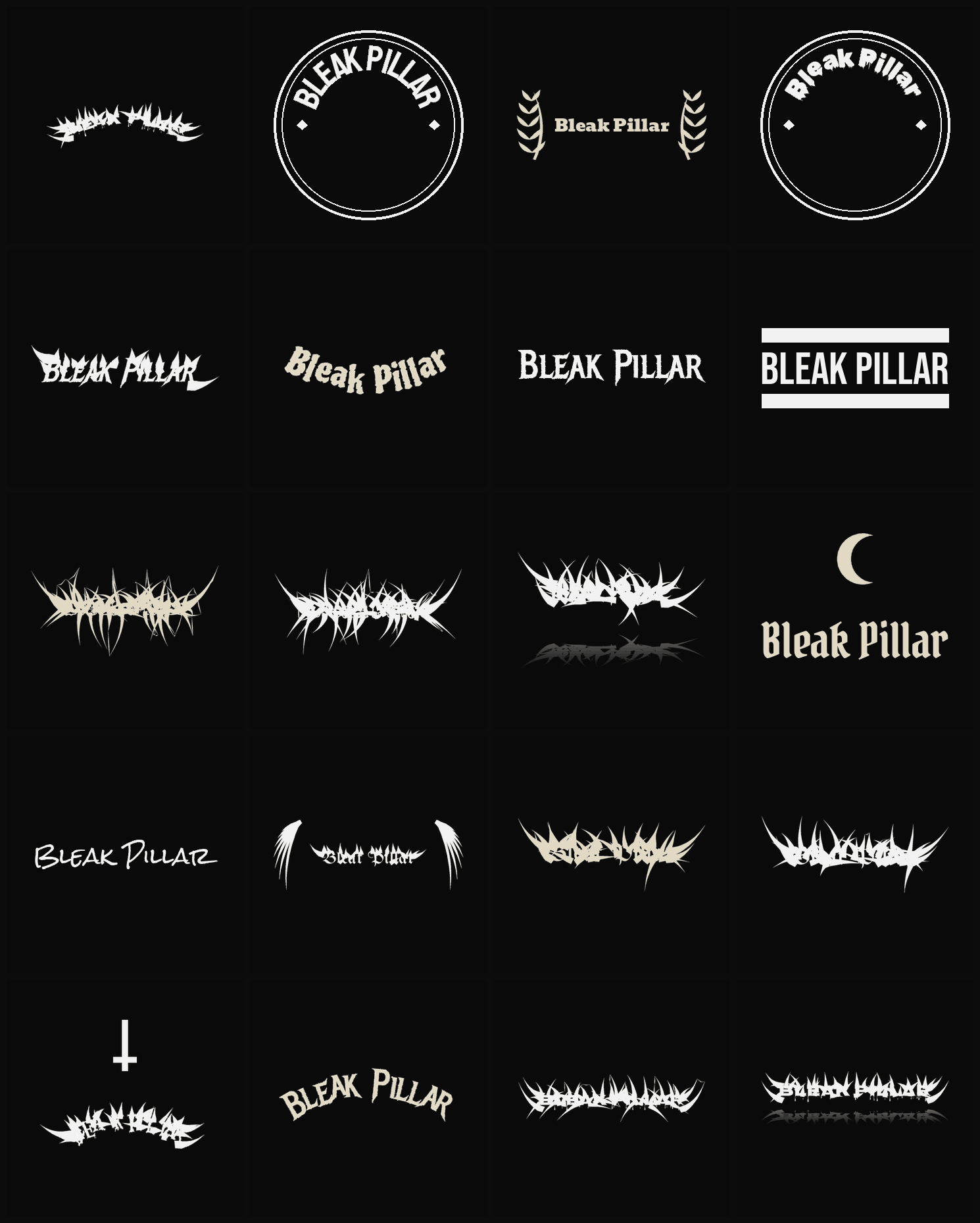 Twenty Bleak Pillar band logo ideas — different faces, treatments and spike settings