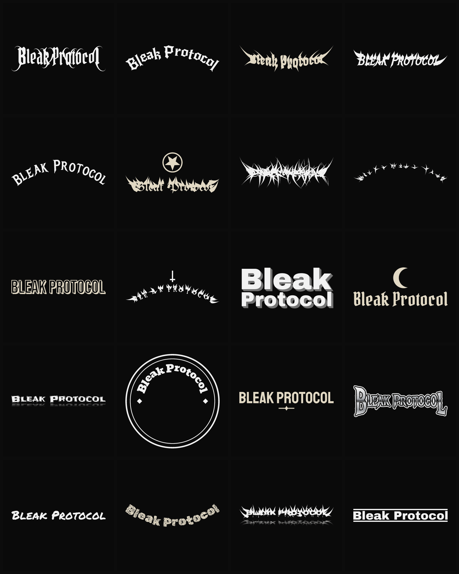 Twenty Bleak Protocol band logo ideas — different faces, treatments and spike settings