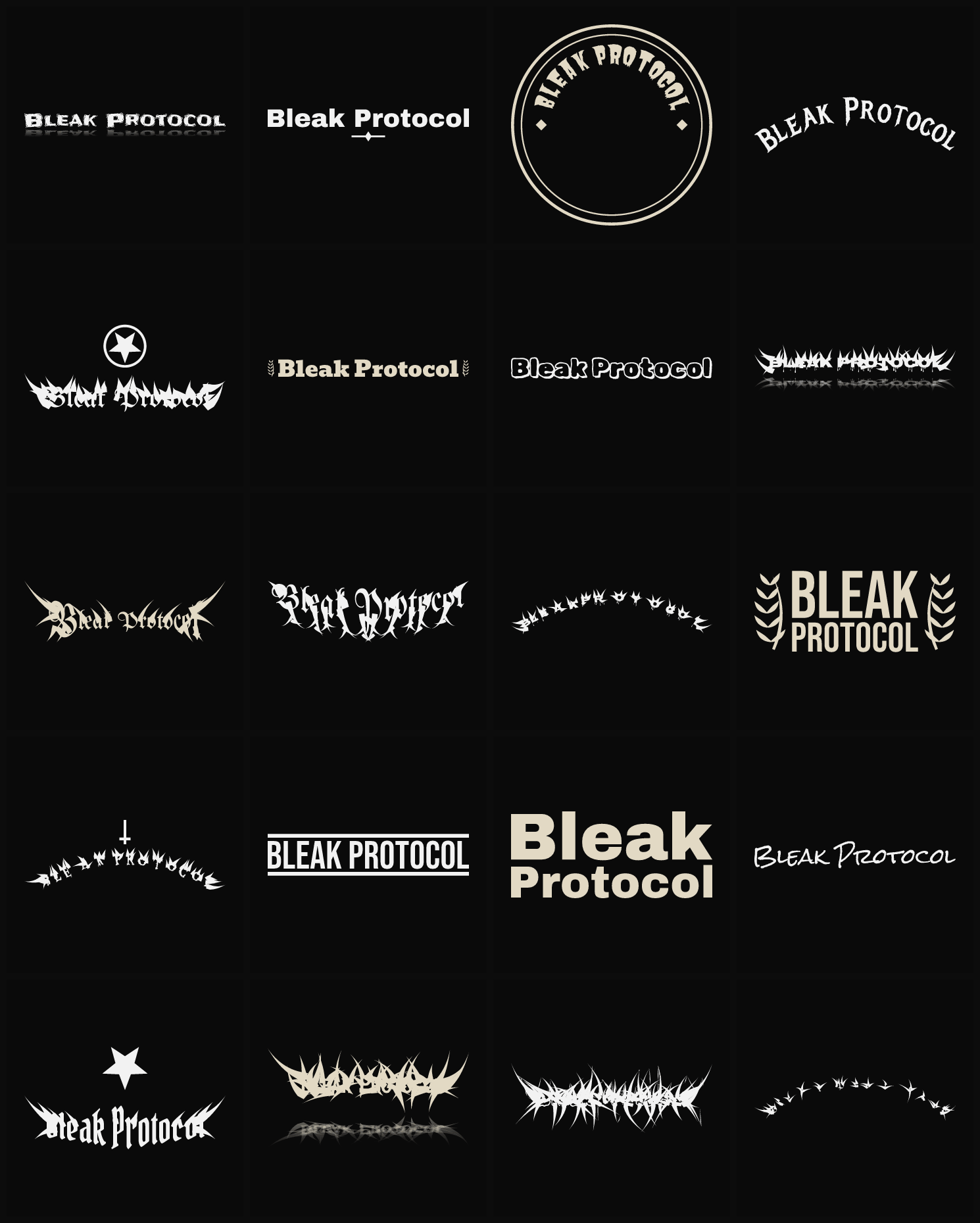 Twenty Bleak Protocol band logo ideas — different faces, treatments and spike settings
