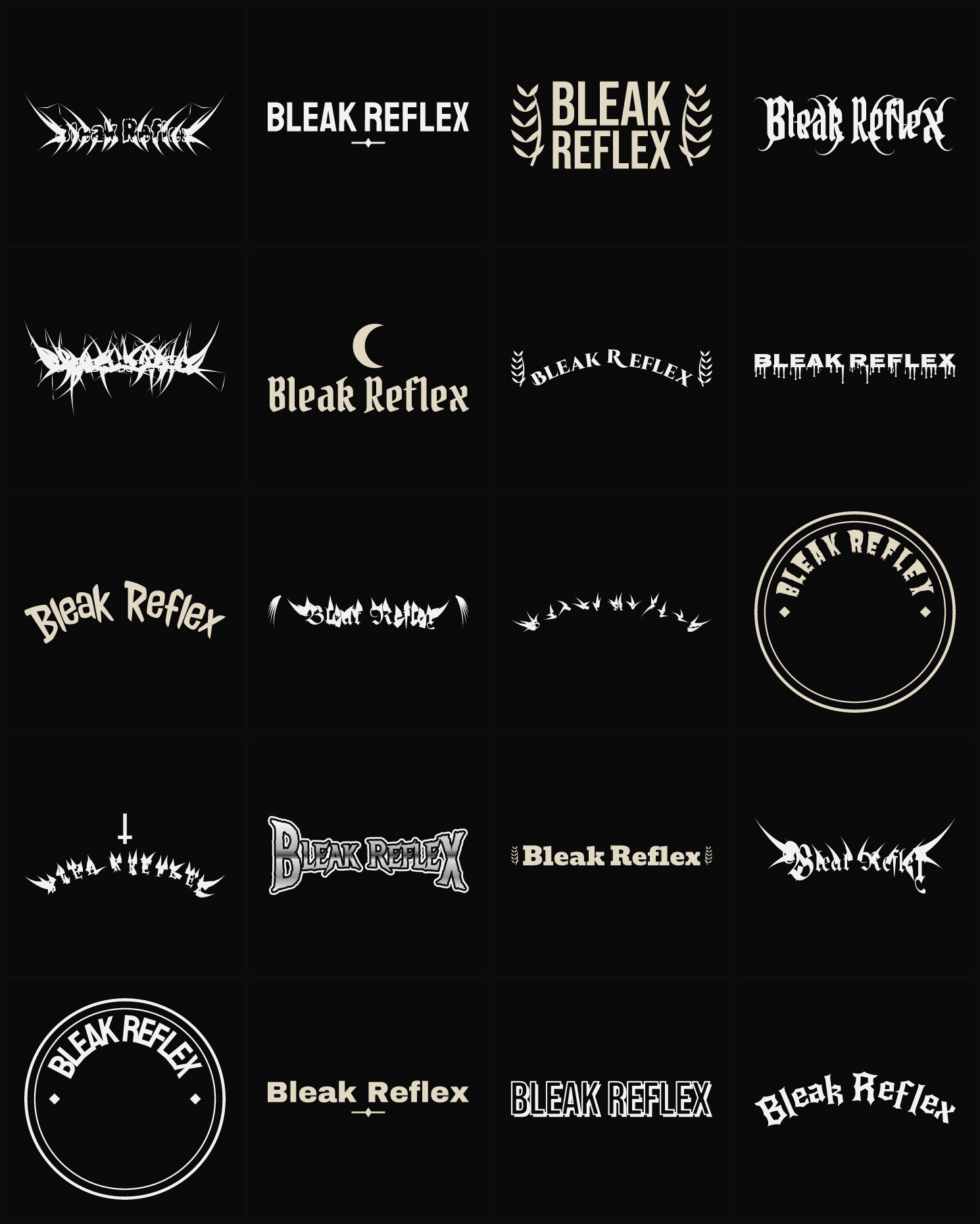 Twenty Bleak Reflex band logo ideas — different faces, treatments and spike settings