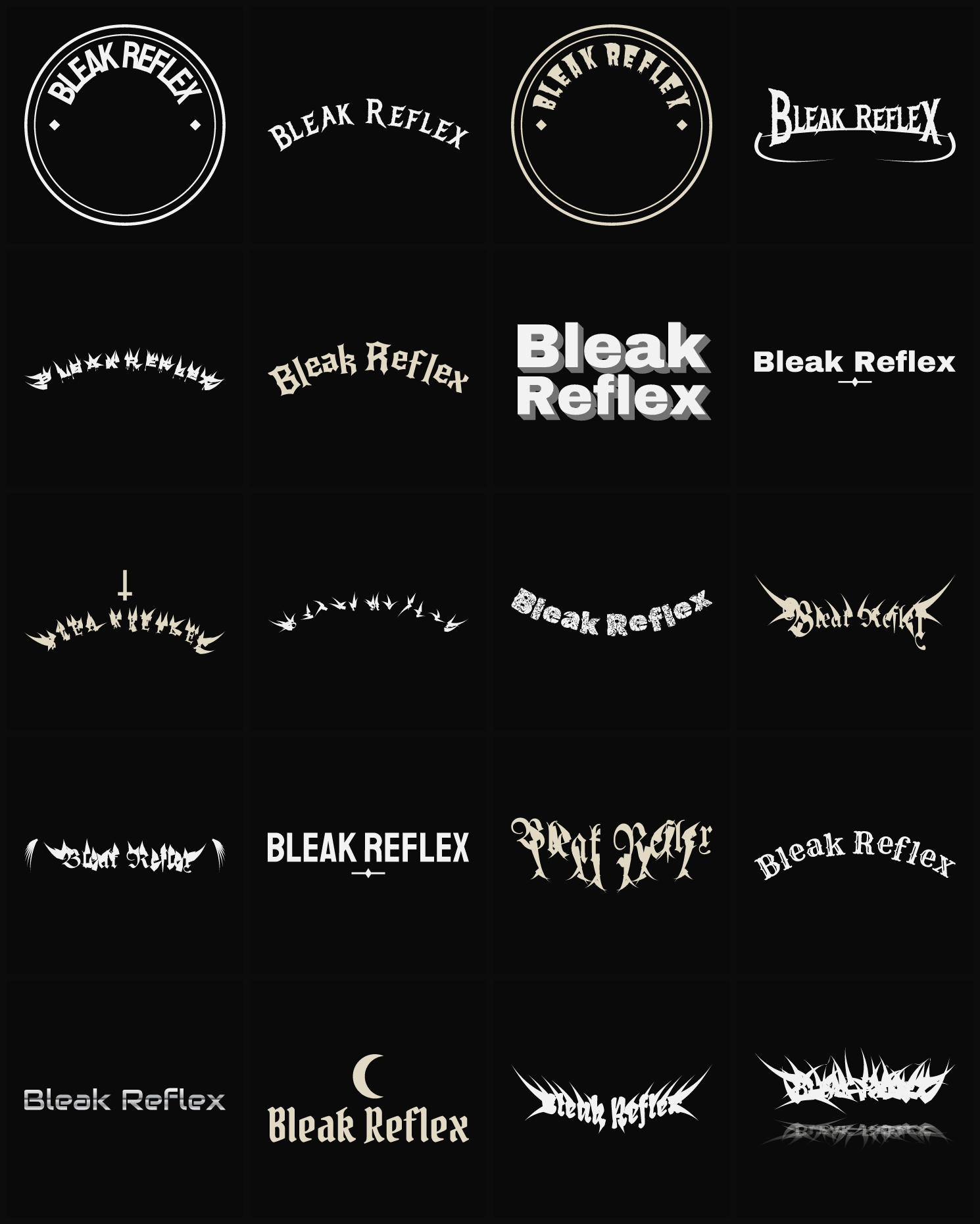 Twenty Bleak Reflex band logo ideas — different faces, treatments and spike settings