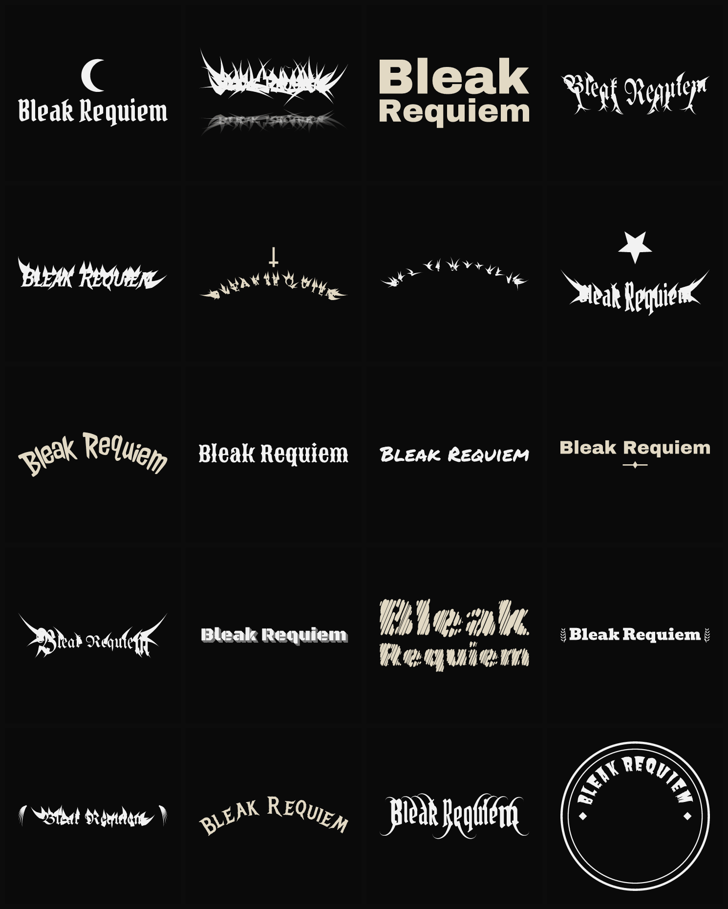 Twenty Bleak Requiem band logo ideas — different faces, treatments and spike settings