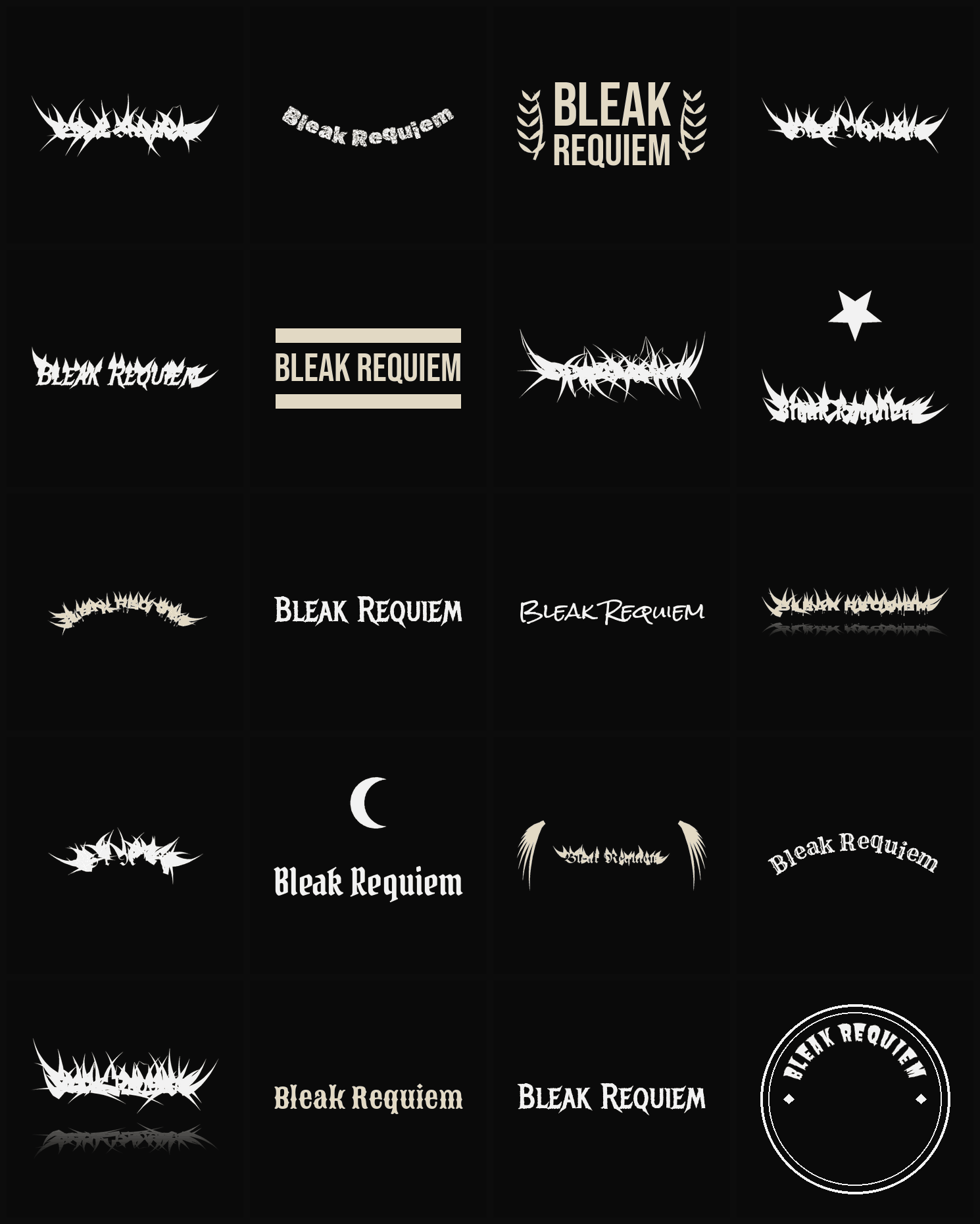Twenty Bleak Requiem band logo ideas — different faces, treatments and spike settings