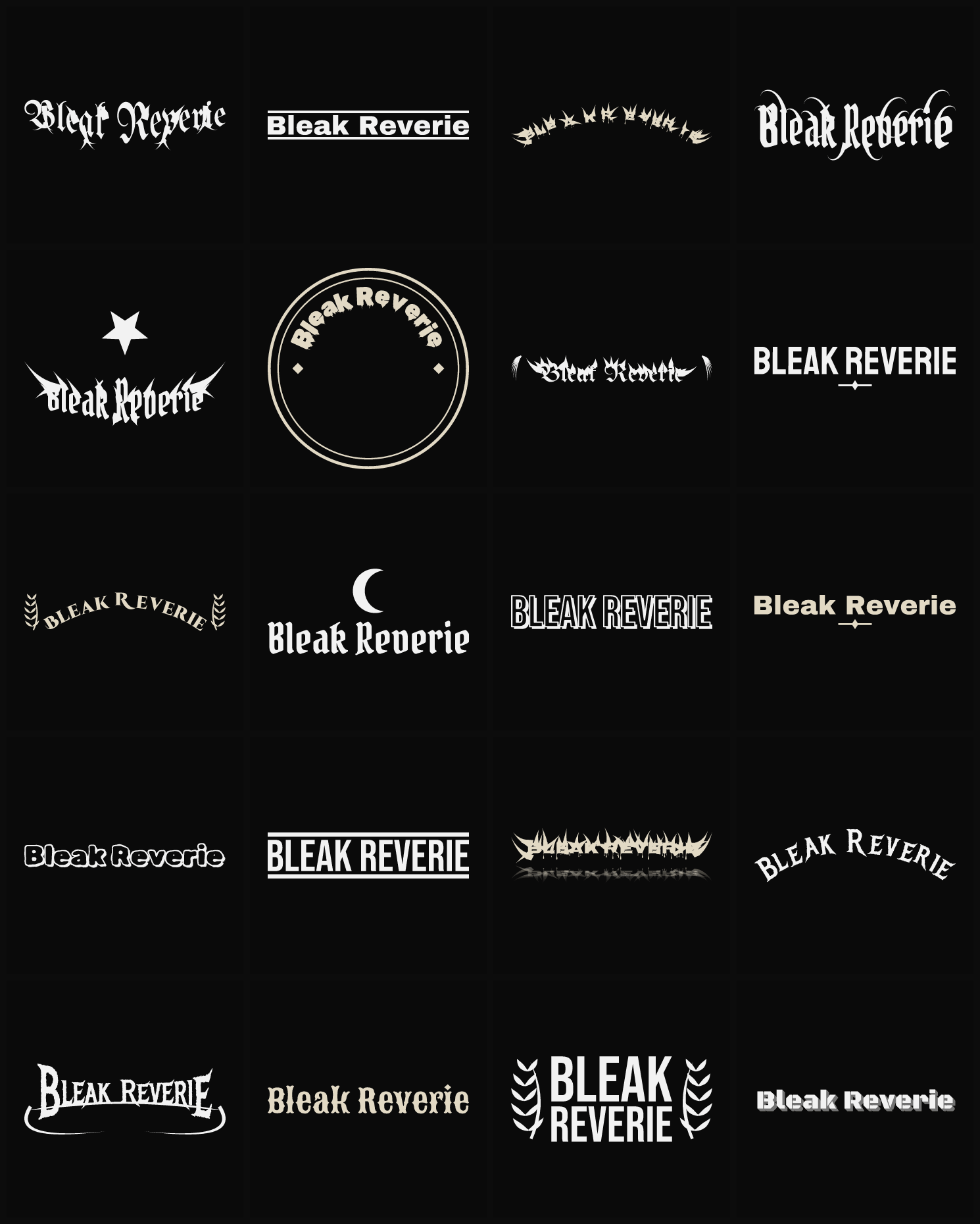 Twenty Bleak Reverie band logo ideas — different faces, treatments and spike settings