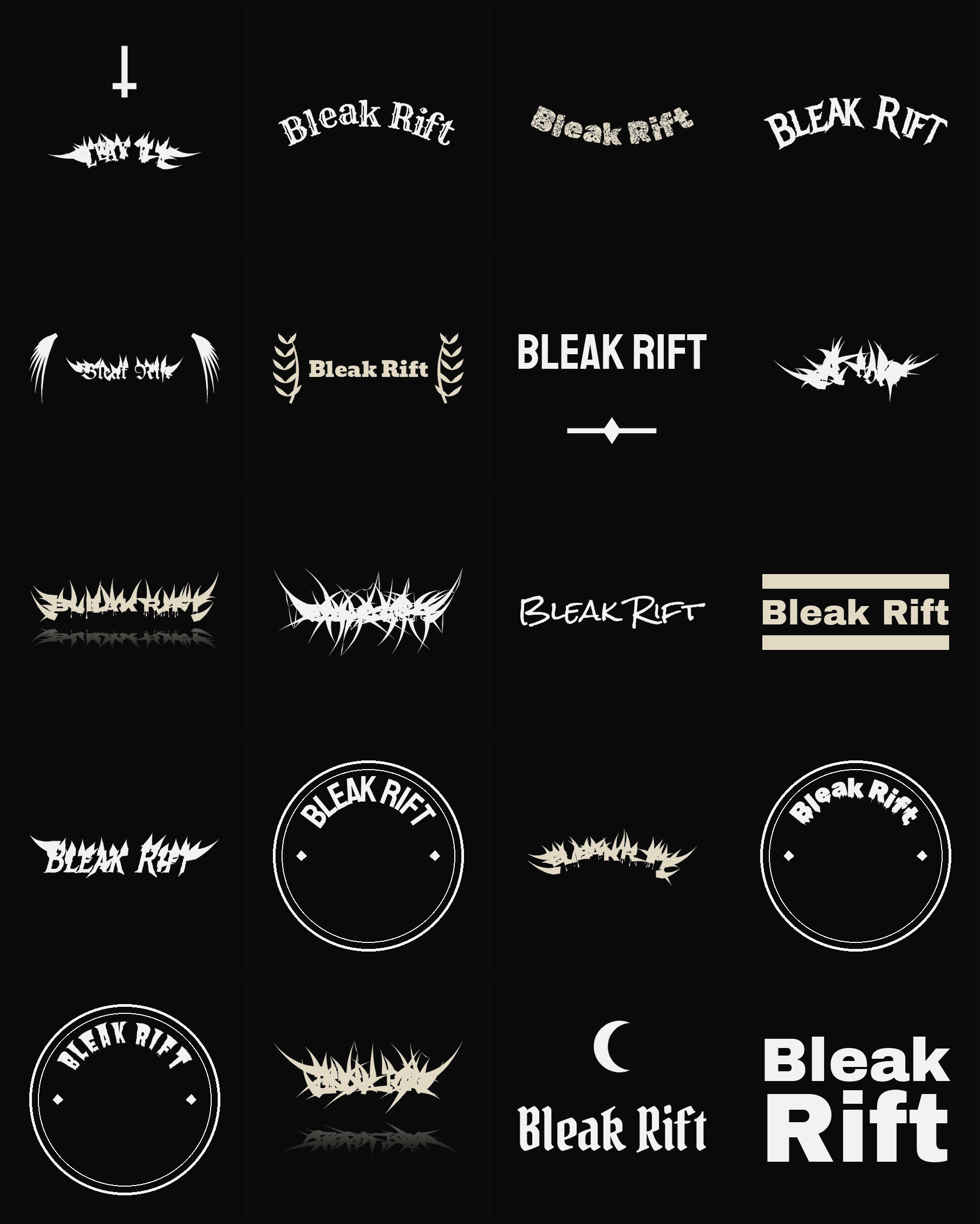 Twenty Bleak Rift band logo ideas — different faces, treatments and spike settings