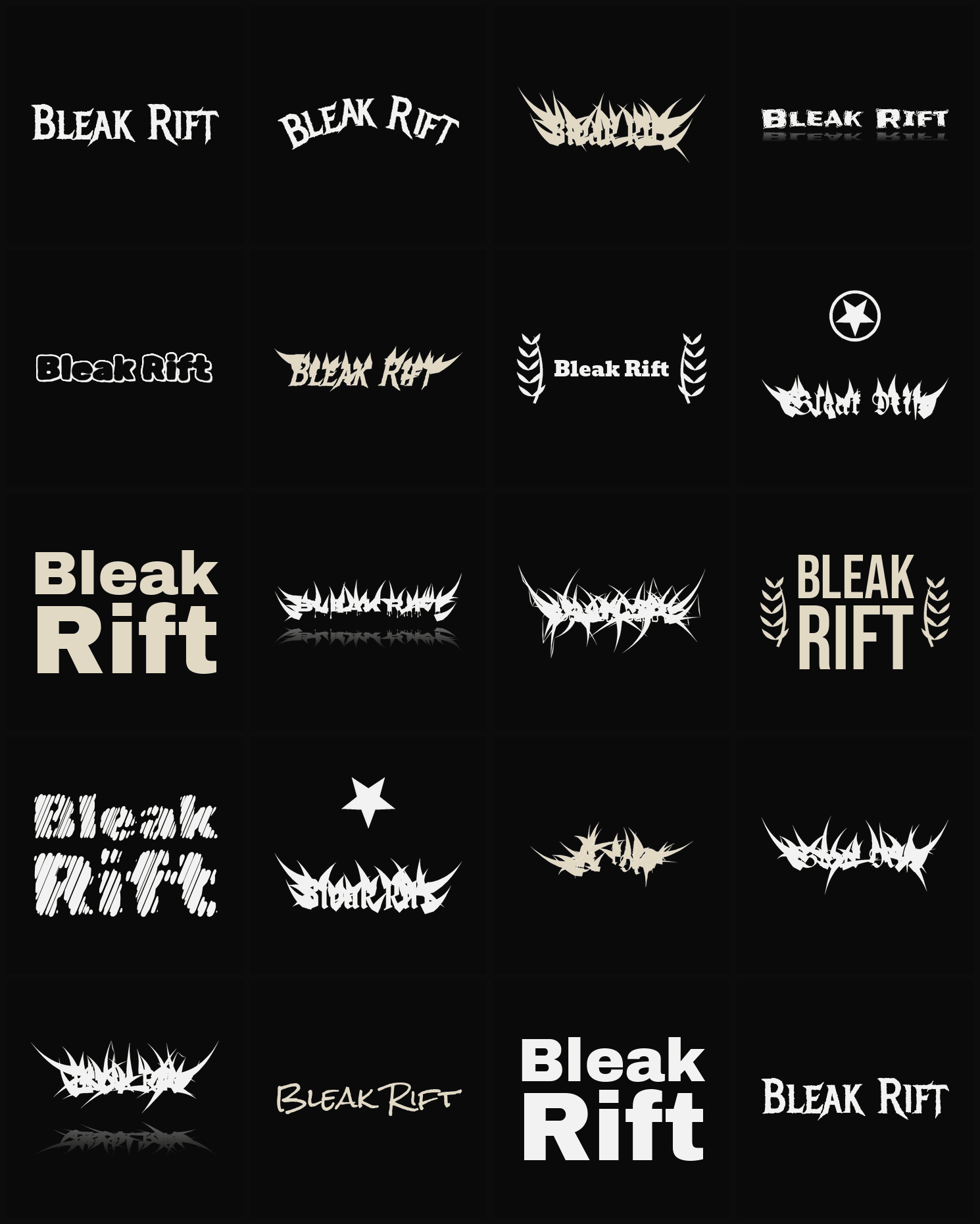 Twenty Bleak Rift band logo ideas — different faces, treatments and spike settings