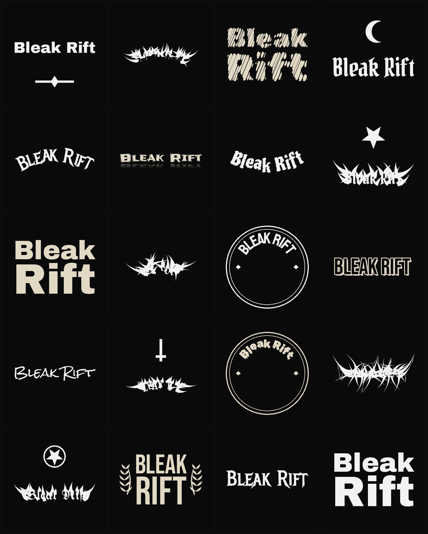 Twenty Bleak Rift band logo ideas — different faces, treatments and spike settings