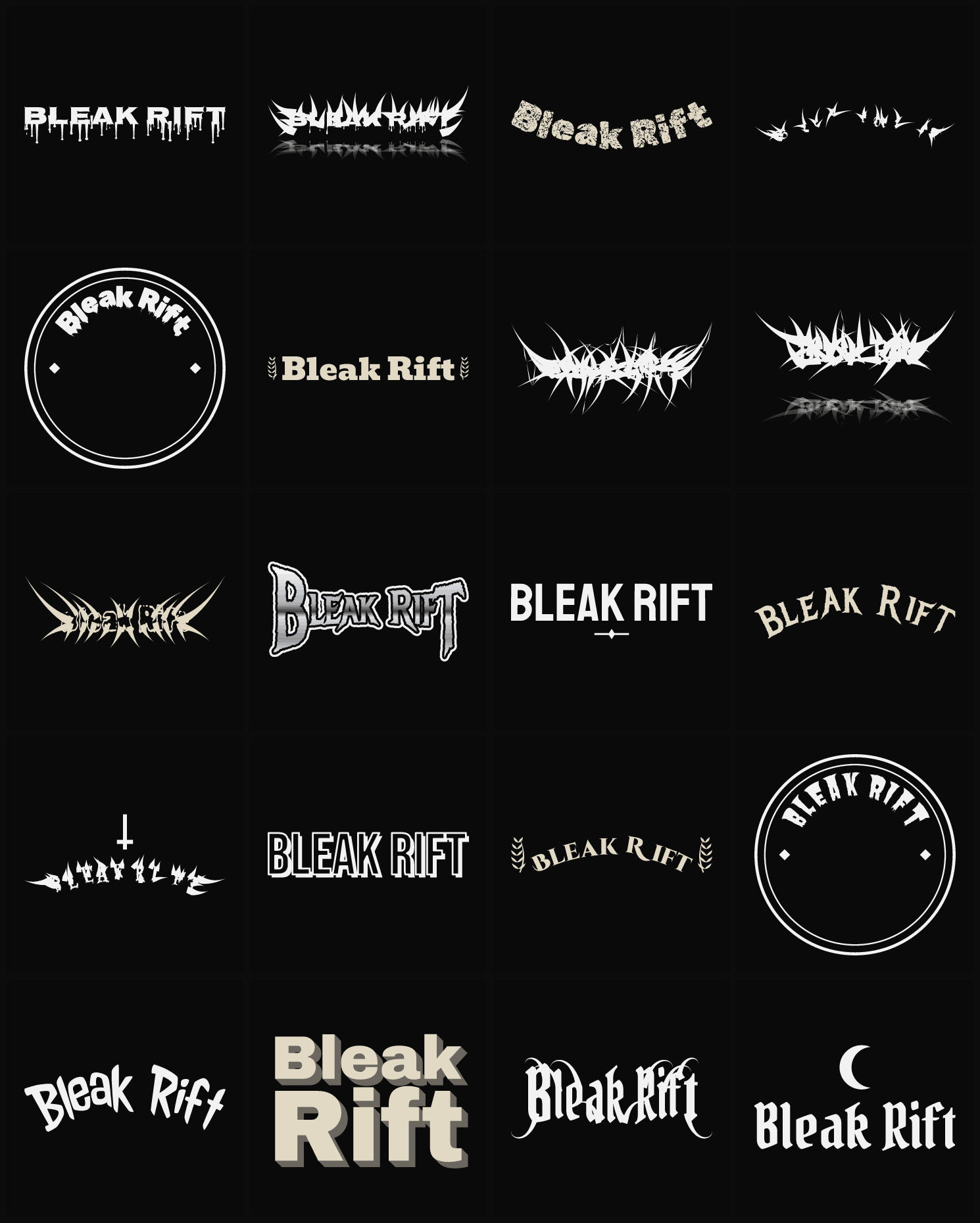 Twenty Bleak Rift band logo ideas — different faces, treatments and spike settings