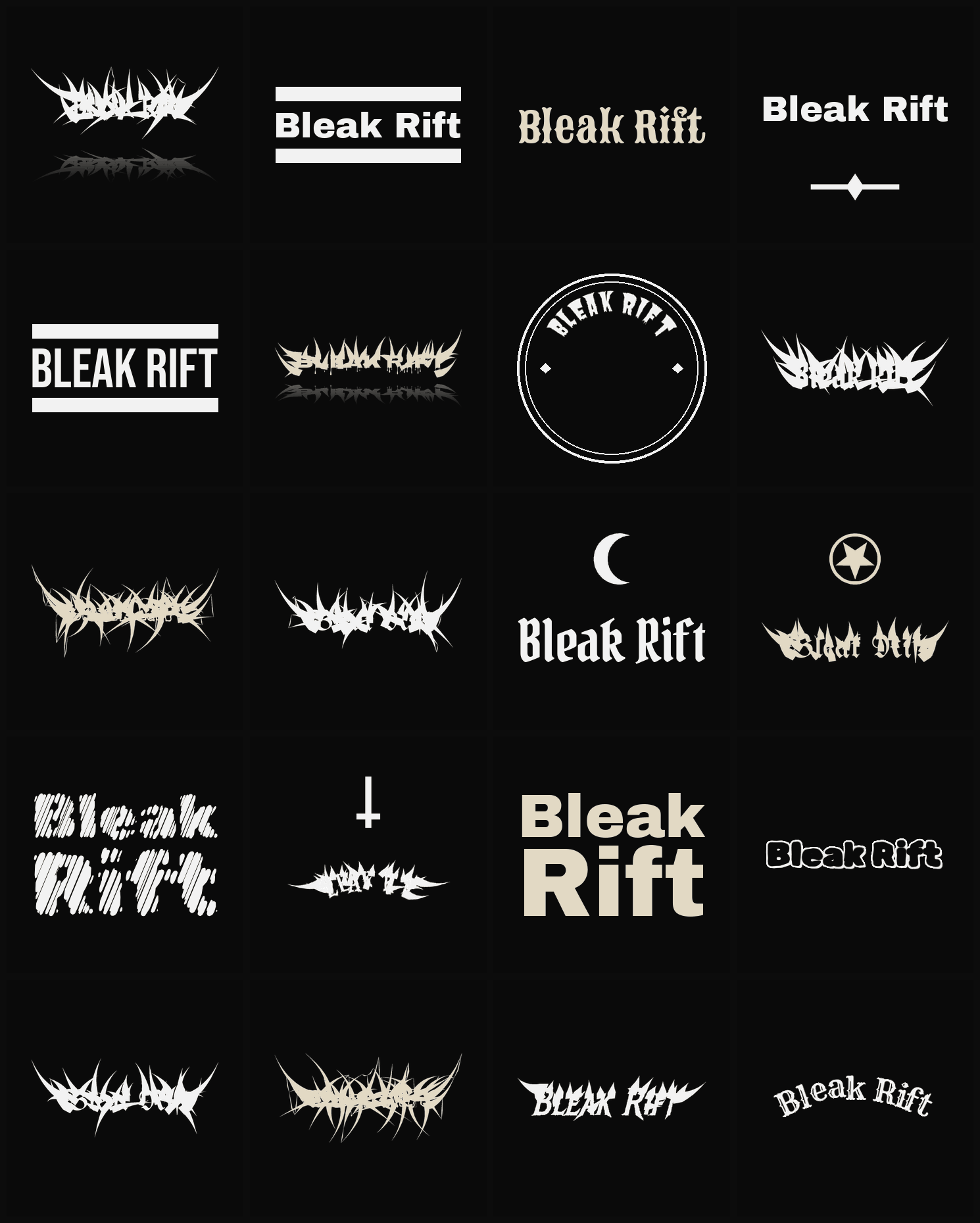 Twenty Bleak Rift band logo ideas — different faces, treatments and spike settings