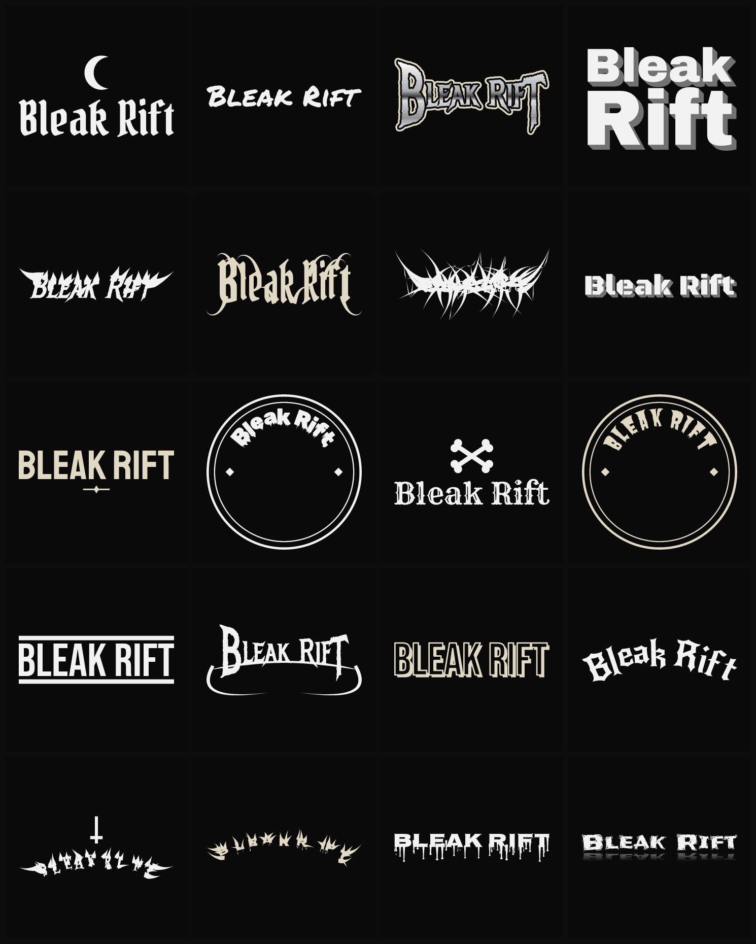 Twenty Bleak Rift band logo ideas — different faces, treatments and spike settings