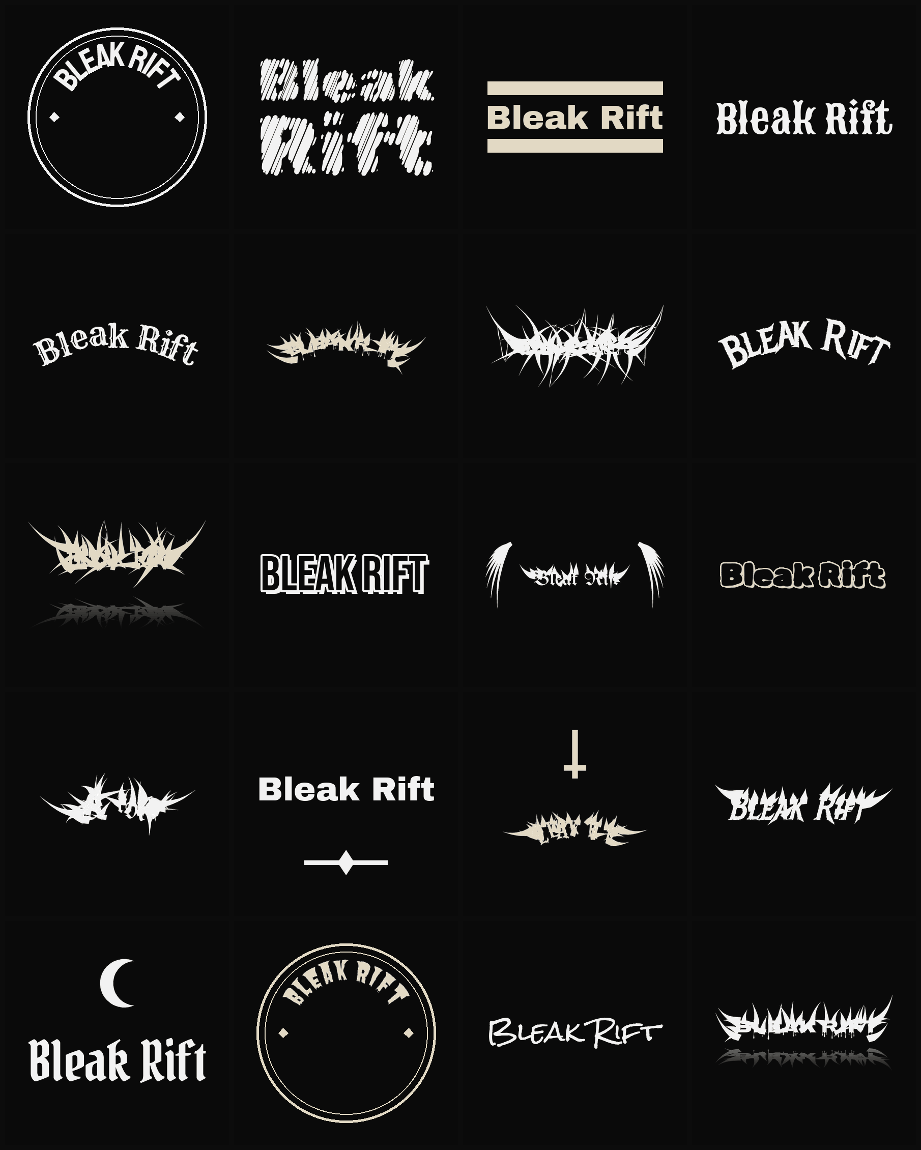 Twenty Bleak Rift band logo ideas — different faces, treatments and spike settings