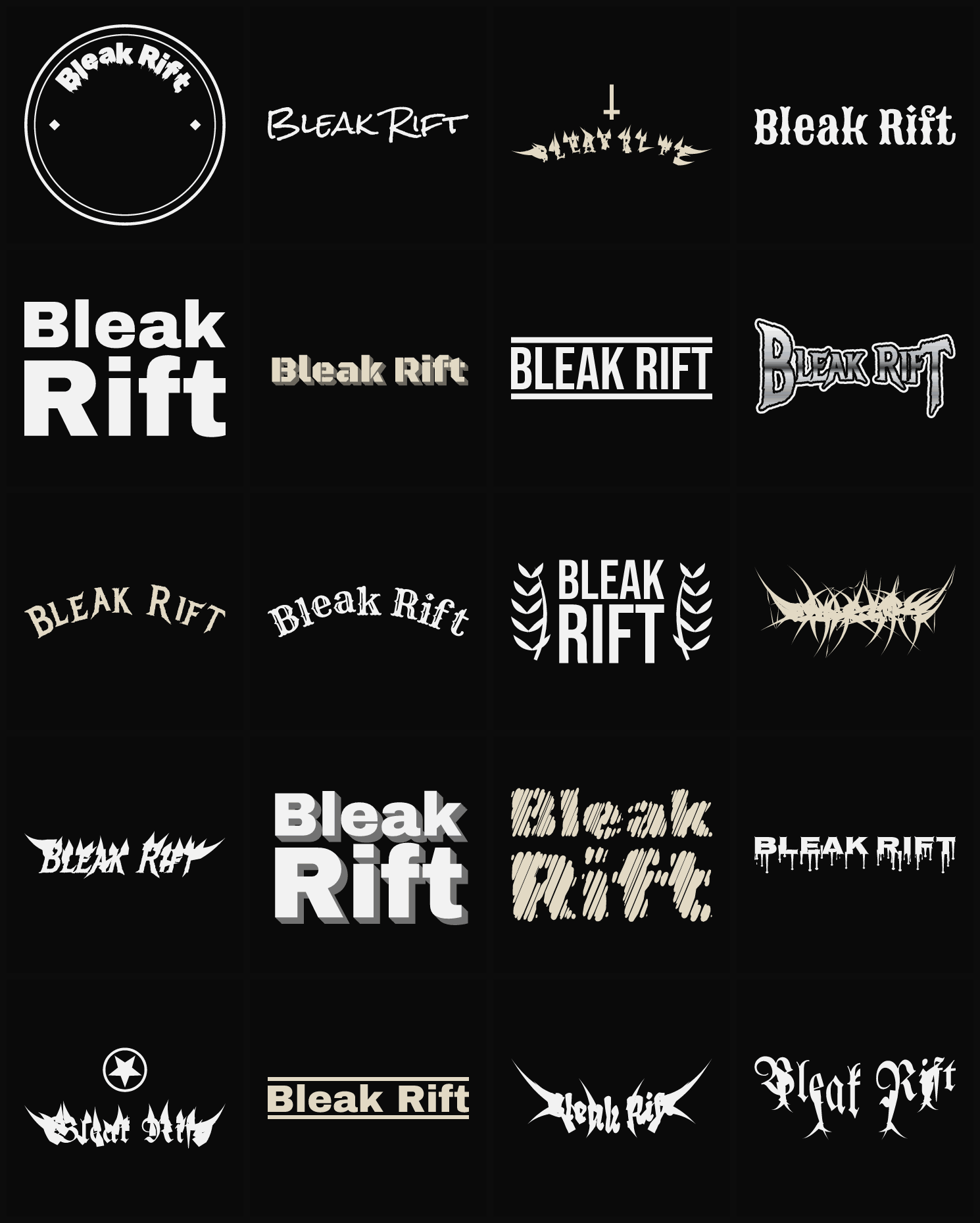 Twenty Bleak Rift band logo ideas — different faces, treatments and spike settings