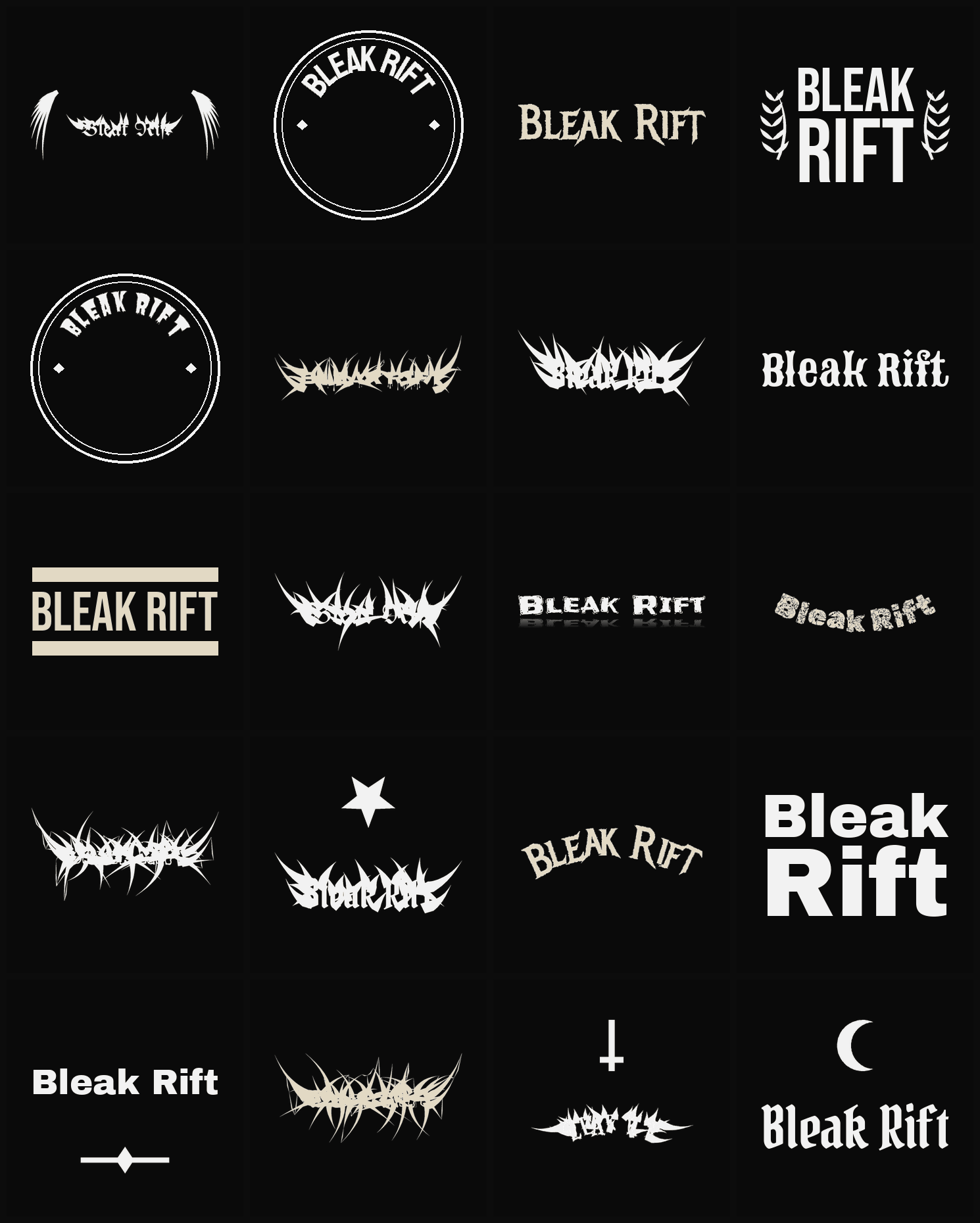 Twenty Bleak Rift band logo ideas — different faces, treatments and spike settings