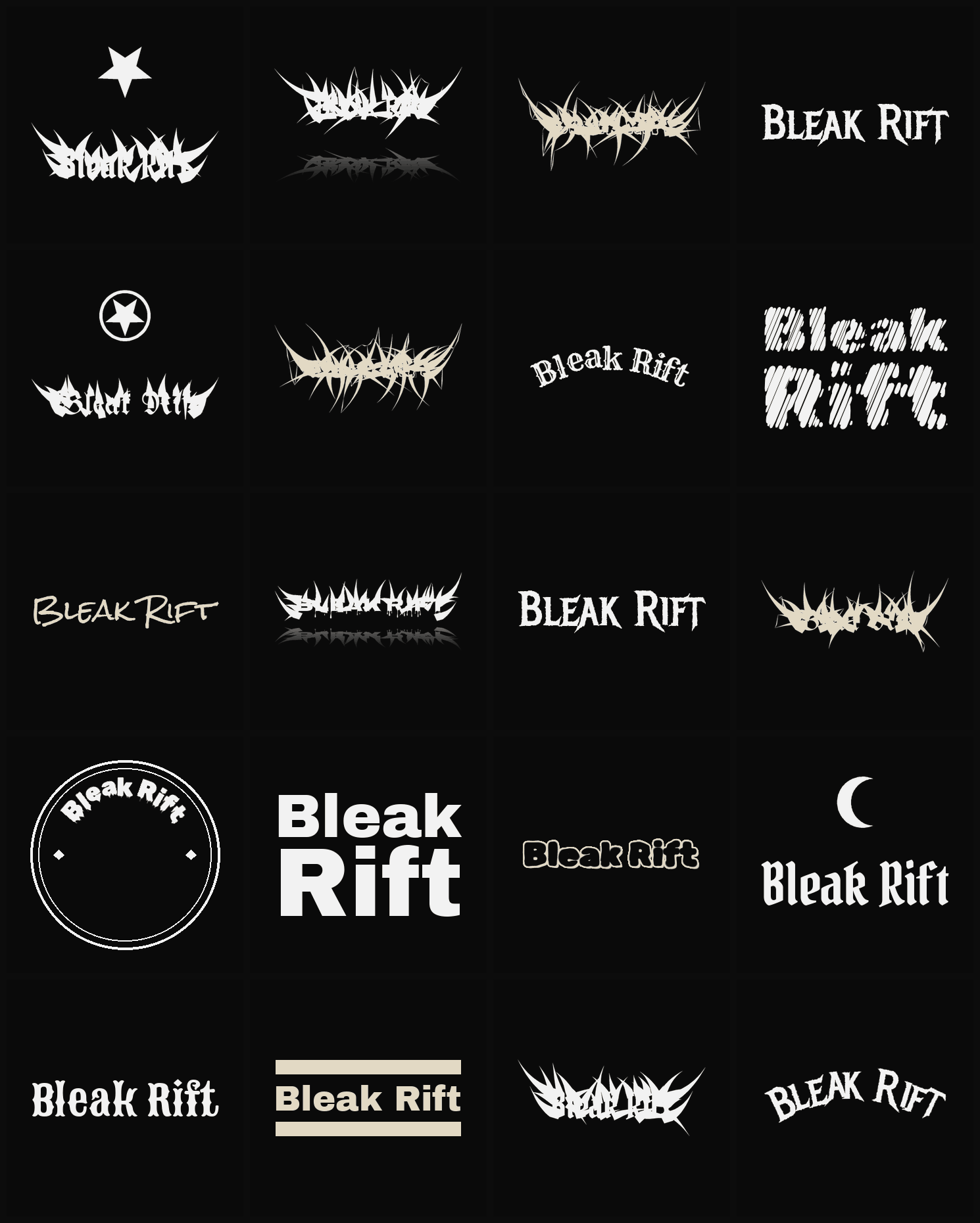 Twenty Bleak Rift band logo ideas — different faces, treatments and spike settings