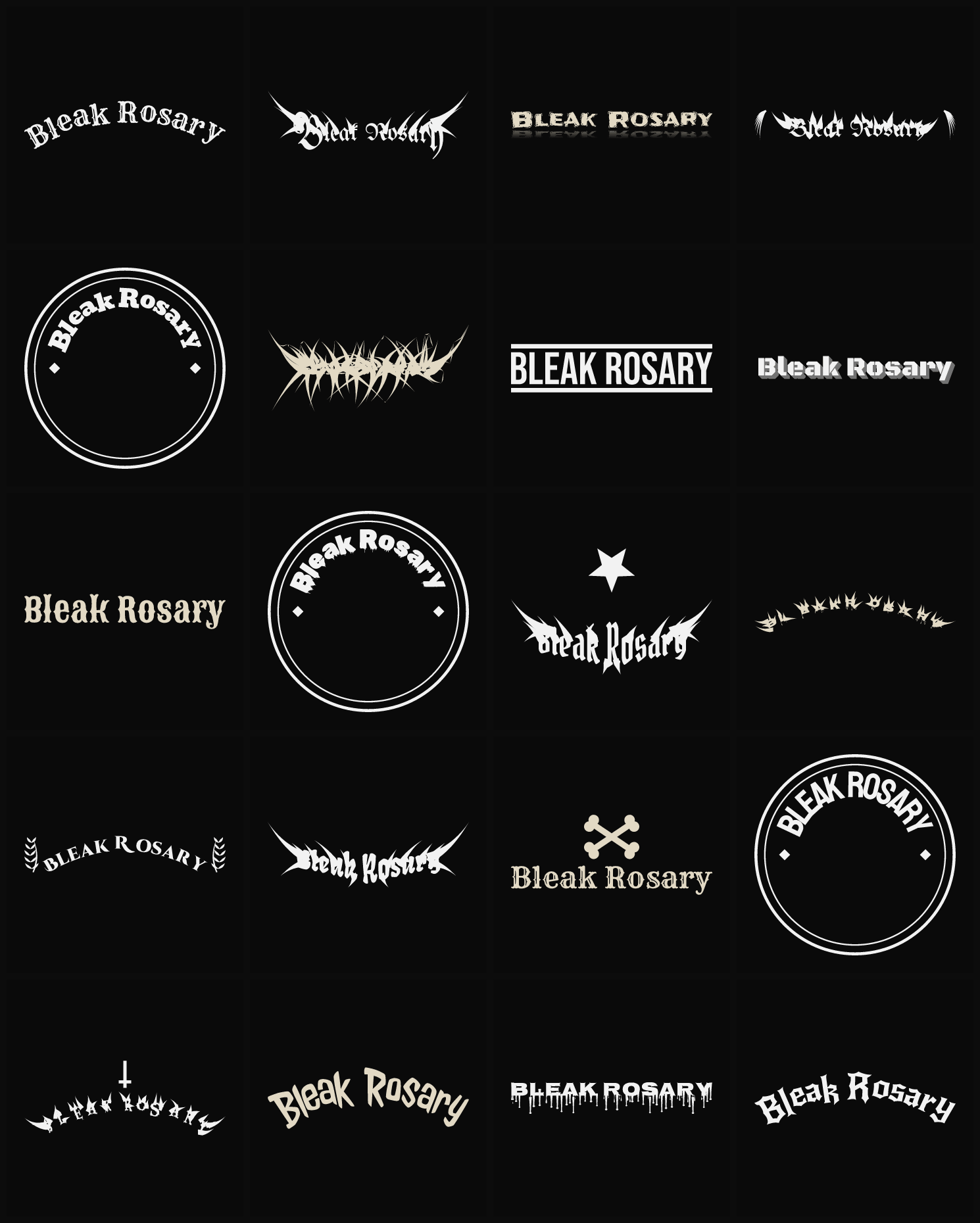 Twenty Bleak Rosary band logo ideas — different faces, treatments and spike settings