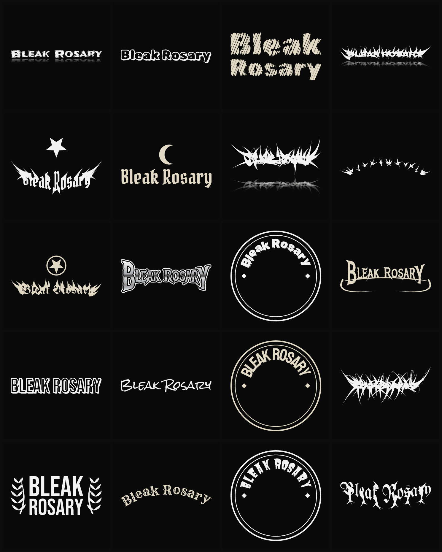 Twenty Bleak Rosary band logo ideas — different faces, treatments and spike settings