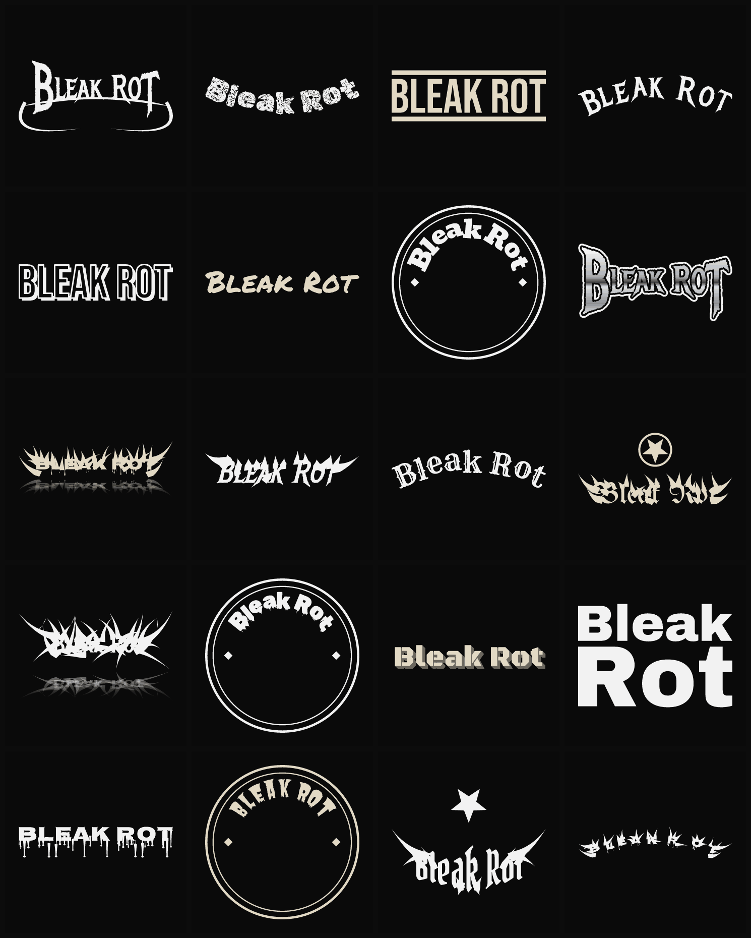 Twenty Bleak Rot band logo ideas — different faces, treatments and spike settings