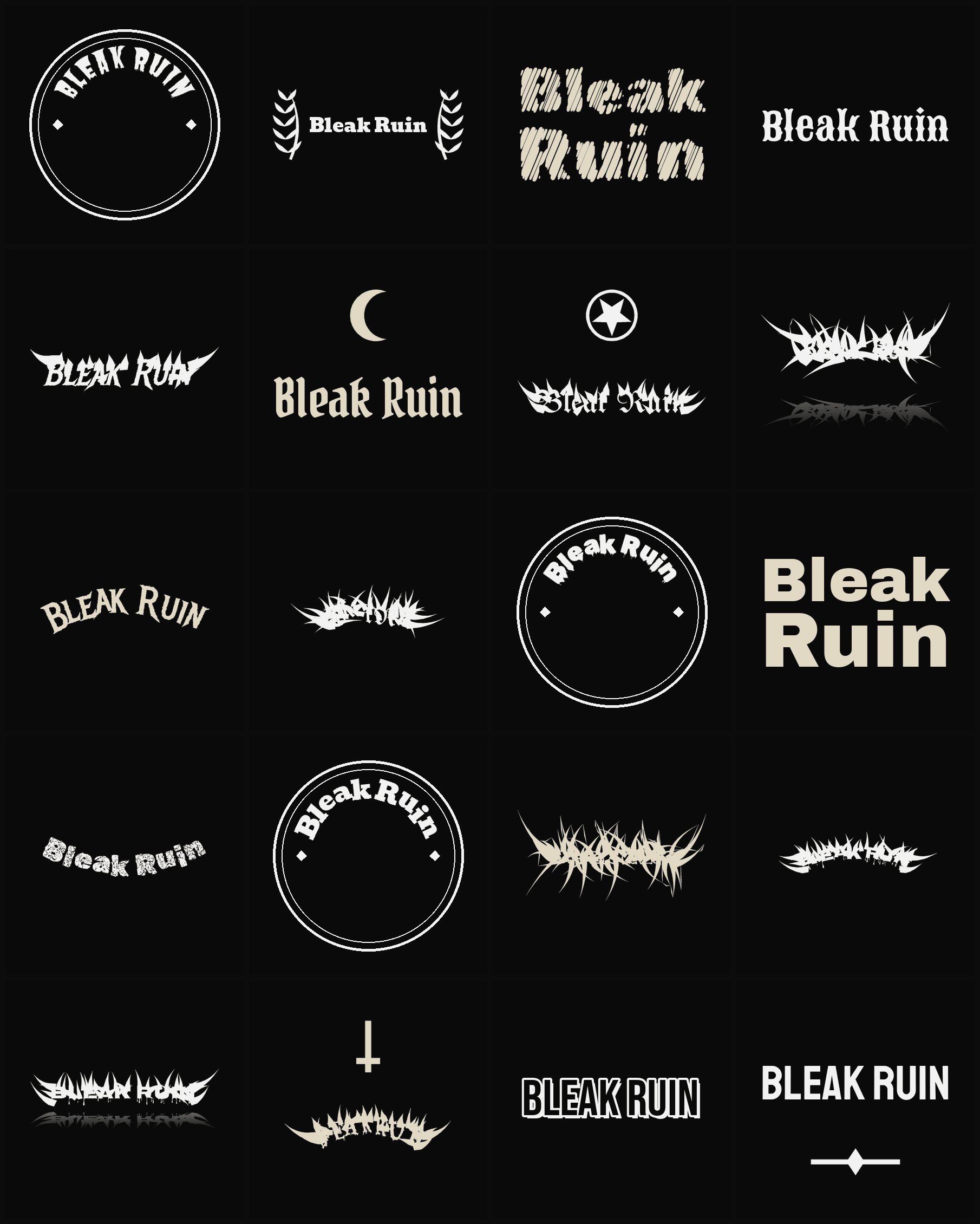 Twenty Bleak Ruin band logo ideas — different faces, treatments and spike settings