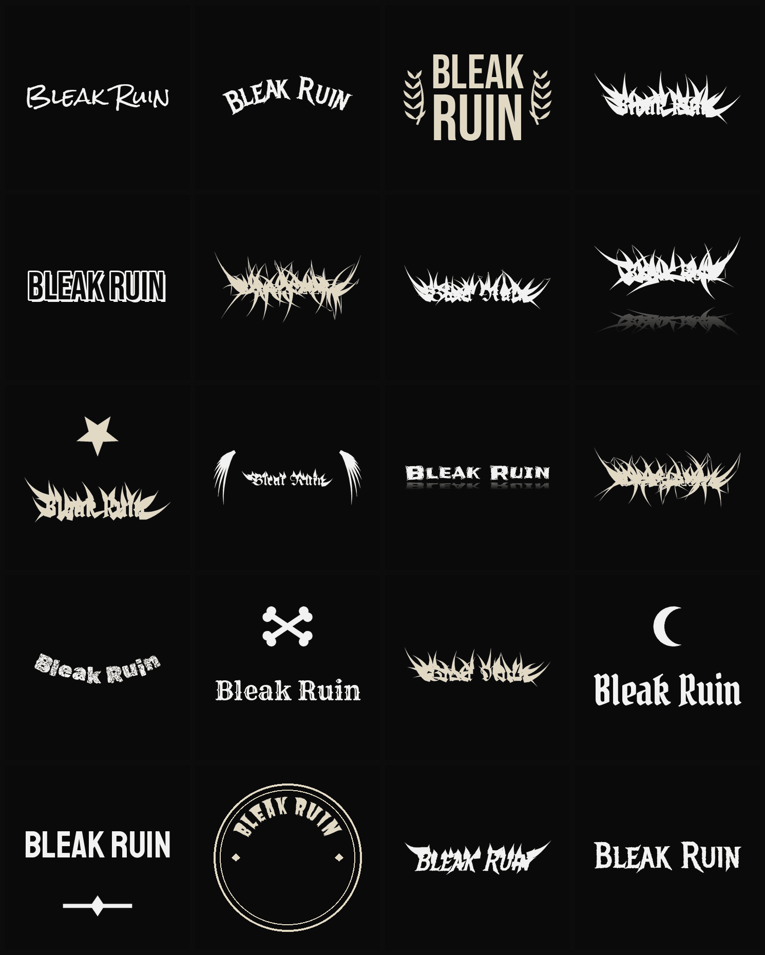 Twenty Bleak Ruin band logo ideas — different faces, treatments and spike settings
