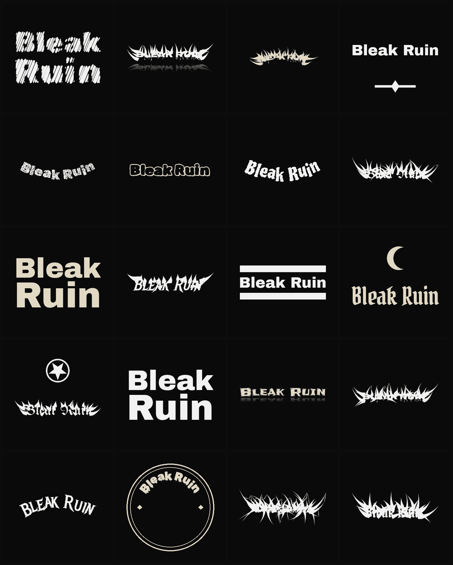 Twenty Bleak Ruin band logo ideas — different faces, treatments and spike settings