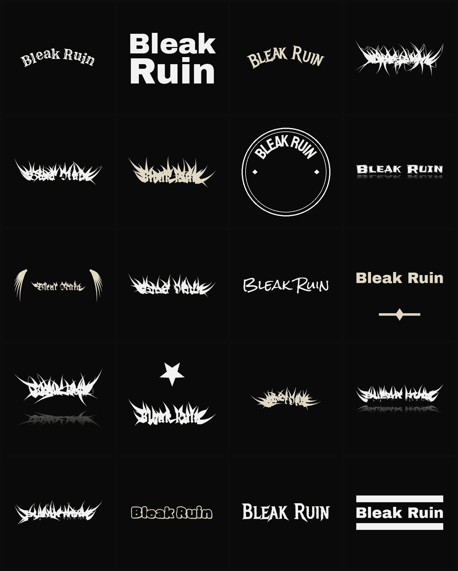 Twenty Bleak Ruin band logo ideas — different faces, treatments and spike settings