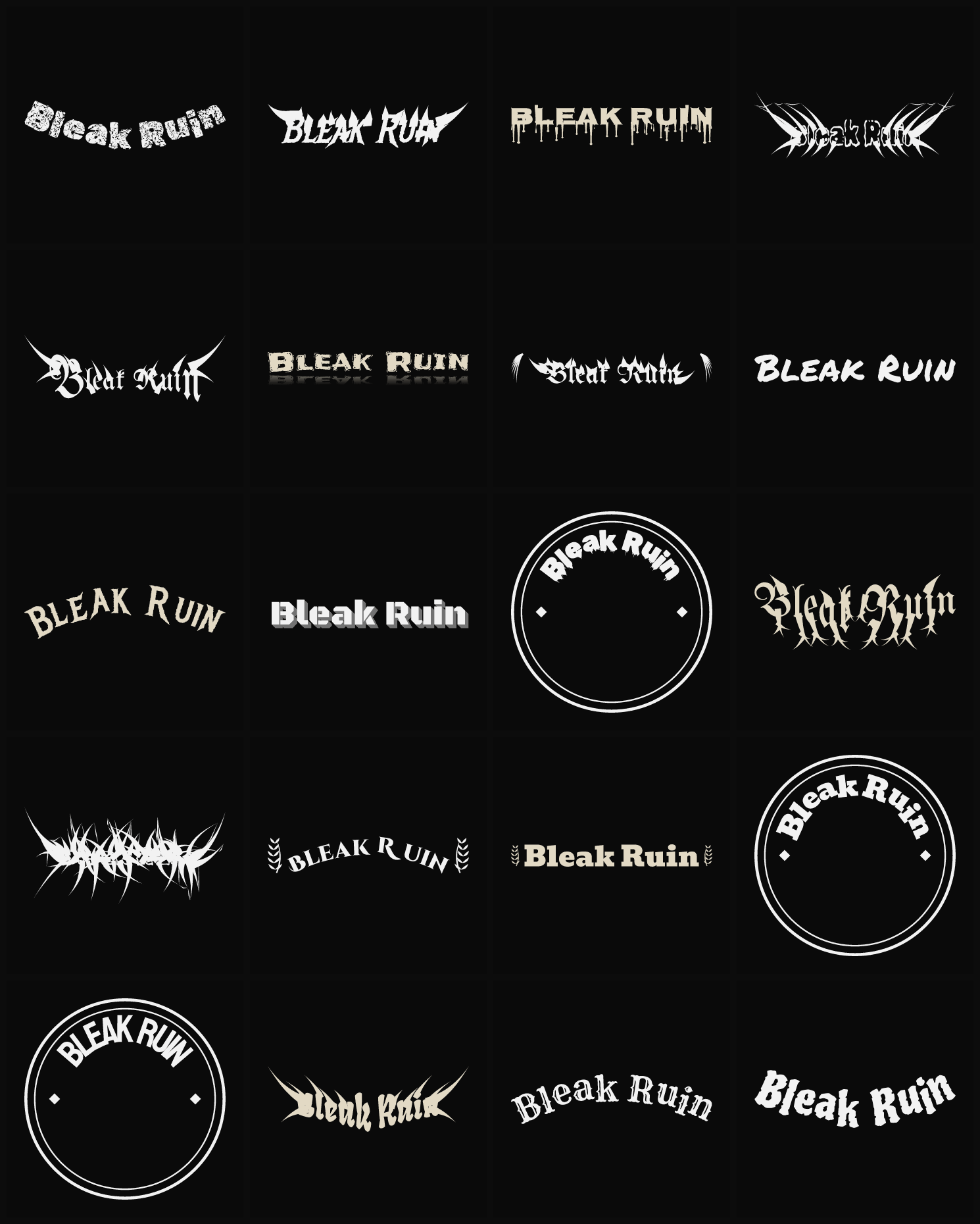 Twenty Bleak Ruin band logo ideas — different faces, treatments and spike settings