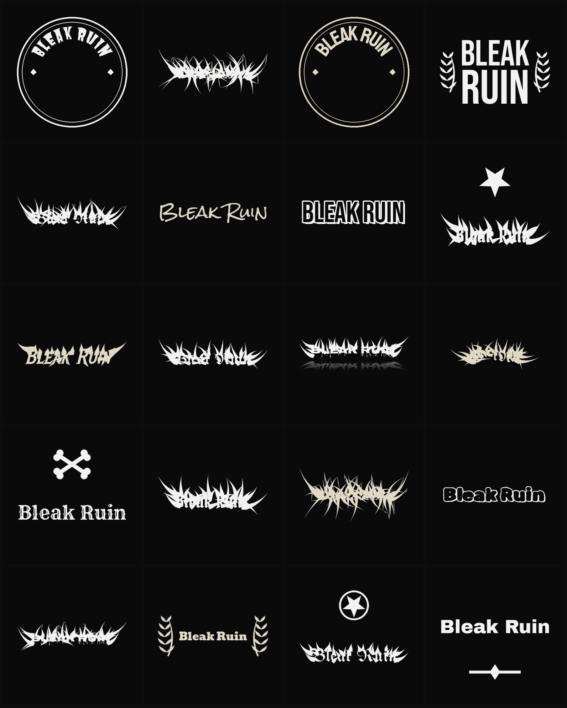 Twenty Bleak Ruin band logo ideas — different faces, treatments and spike settings