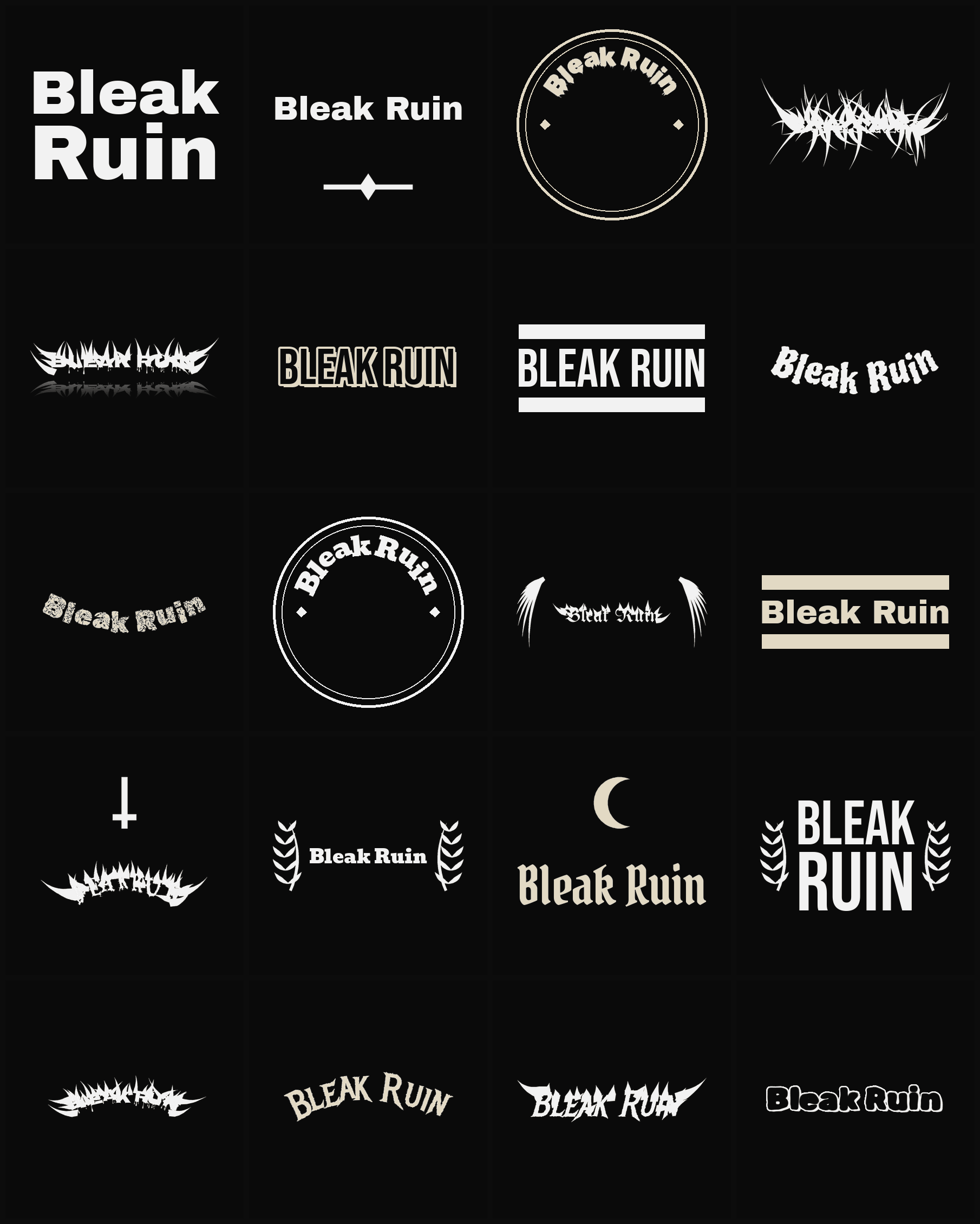 Twenty Bleak Ruin band logo ideas — different faces, treatments and spike settings